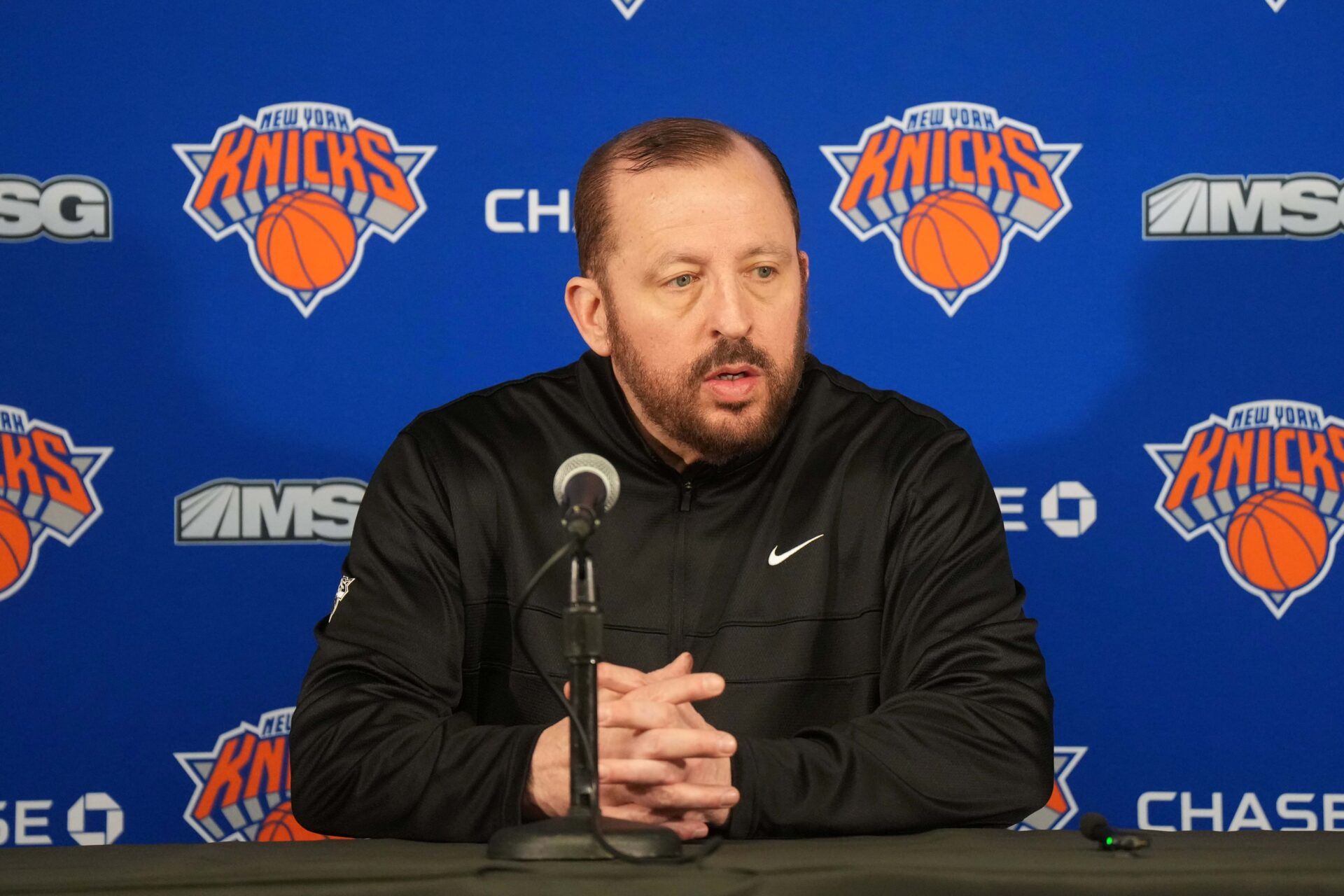 New York Knicks coach Tom Thibodeau at a press conference at the Intuit Dome.