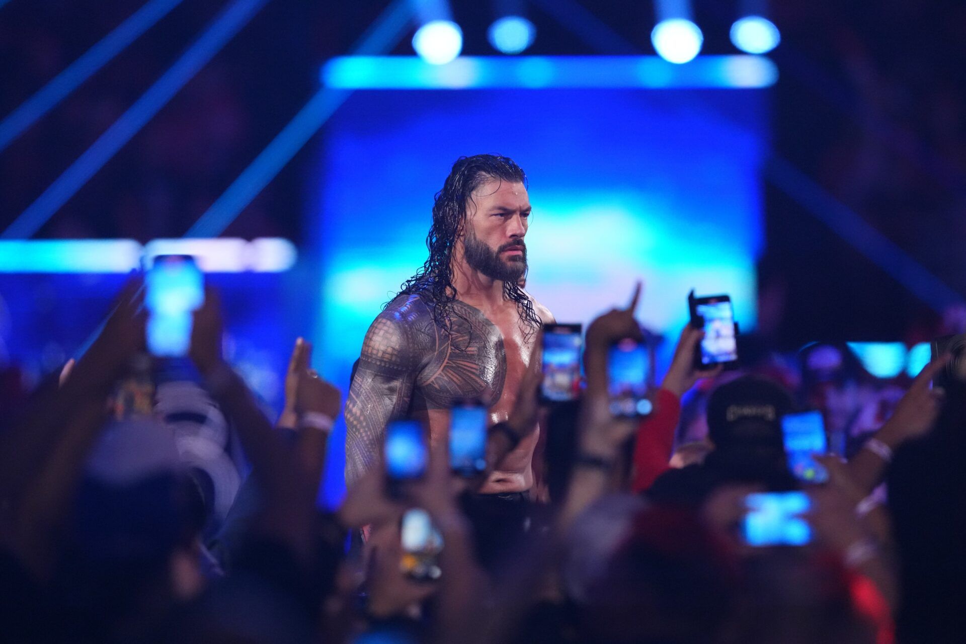 Roman Reigns during the Men’s Royal Rumble match during the WWE Royal Rumble at Lucas Oil Stadium.