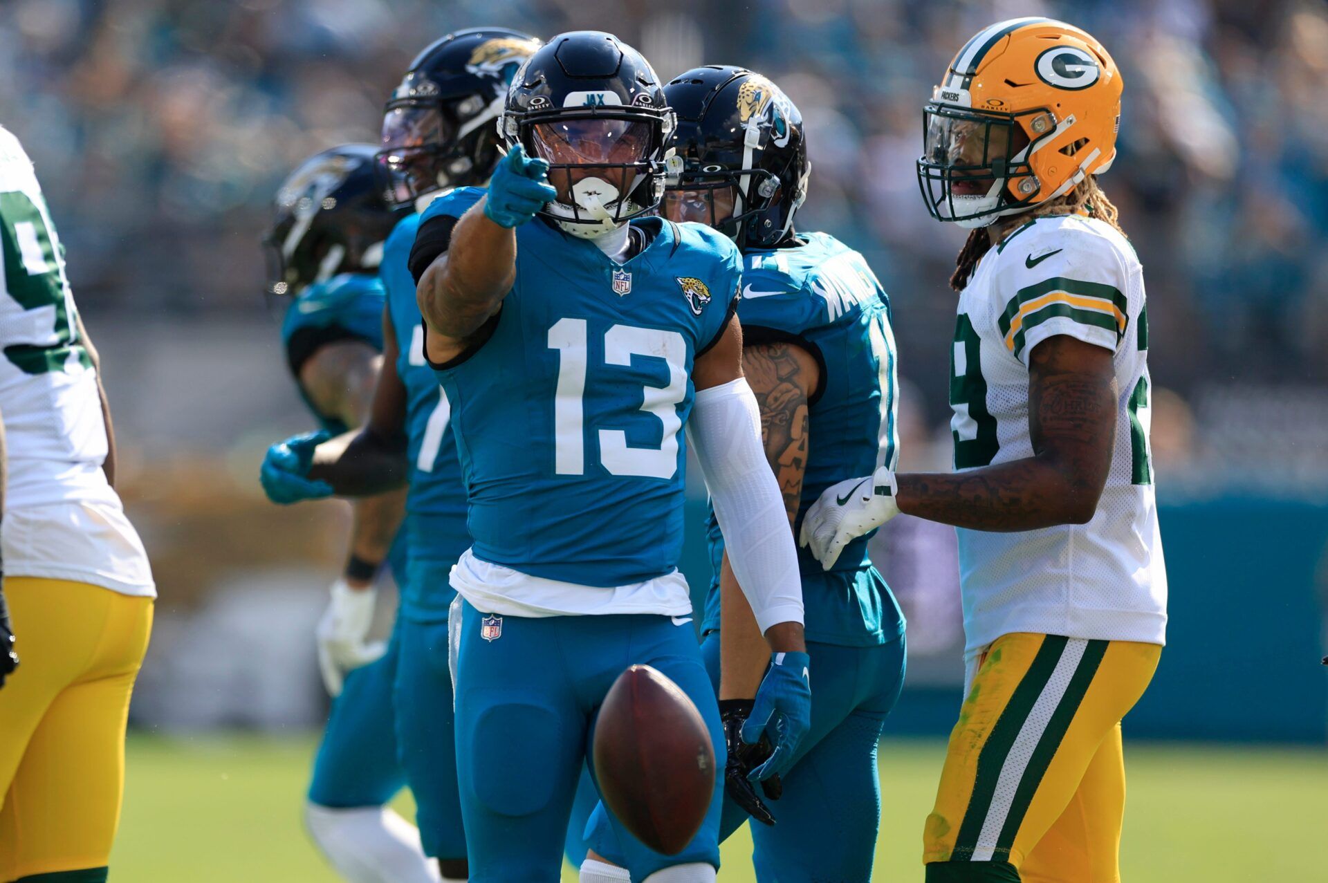 Jacksonville Jaguars wide receiver Christian Kirk (13) signals a first down pickup during the third quarter of an NFL football matchup Sunday, Oct. 27, 2024 at EverBank Stadium in Jacksonville, Fla. The Packers edged the Jaguars 30-27 on a last-second field goal.