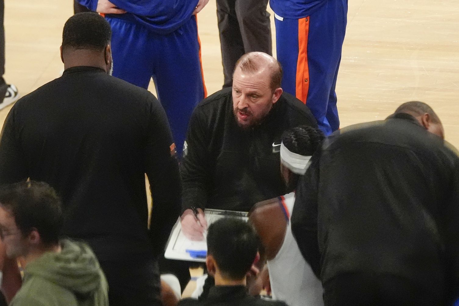 New York Knicks head coach Tom Thibodeau coaches his players at a break against the Chicago Bulls during the second half at Madison Square Garden.