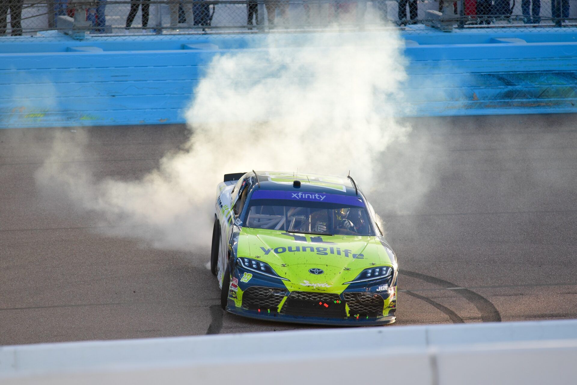 NASCAR Xfinity Series driver Aric Almirola (19) celebrates his victory of the GovX 200 at Phoenix Raceway.