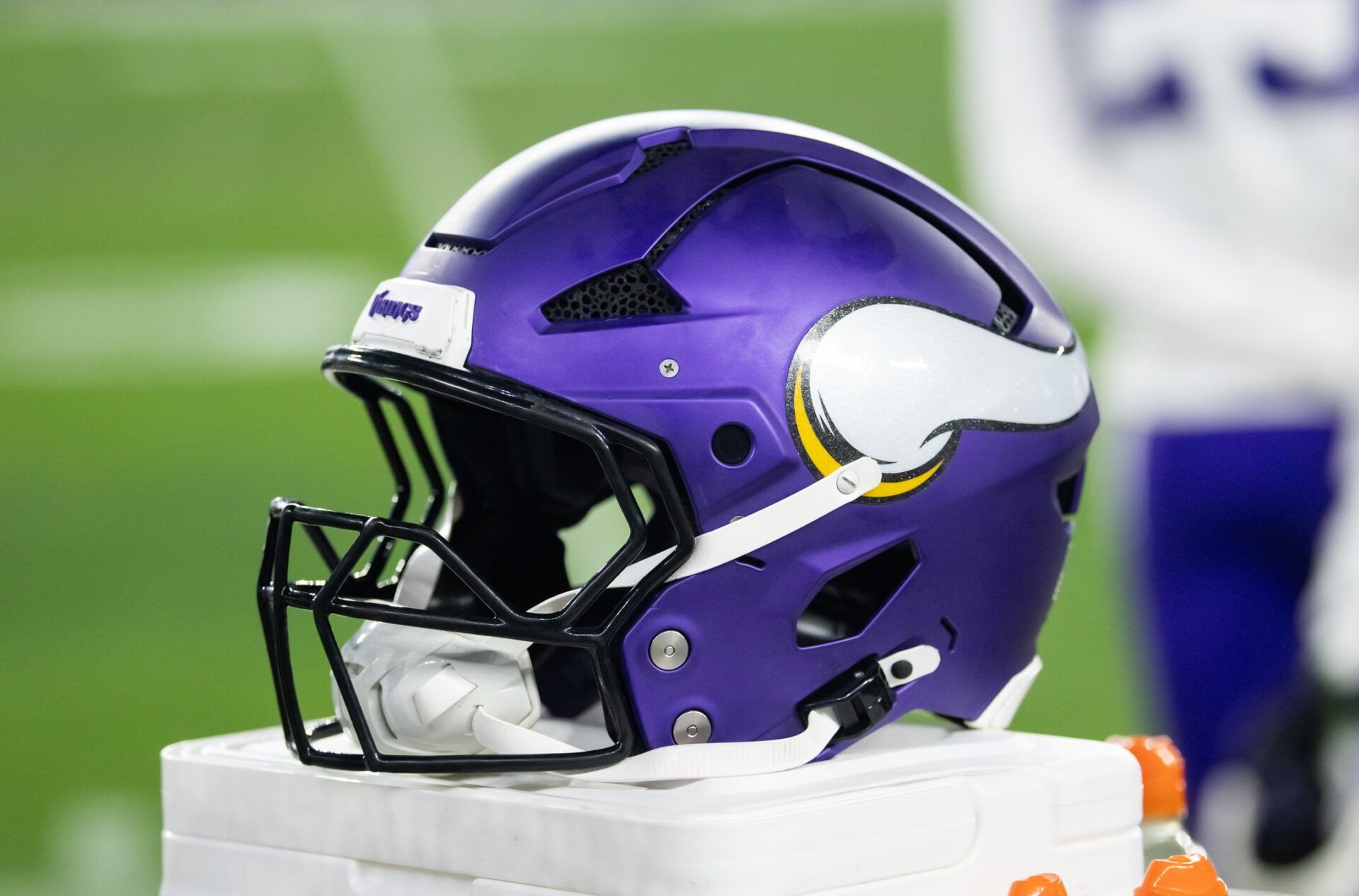 Detailed view of a Minnesota Vikings helmet during an NFC wild card game at State Farm Stadium.