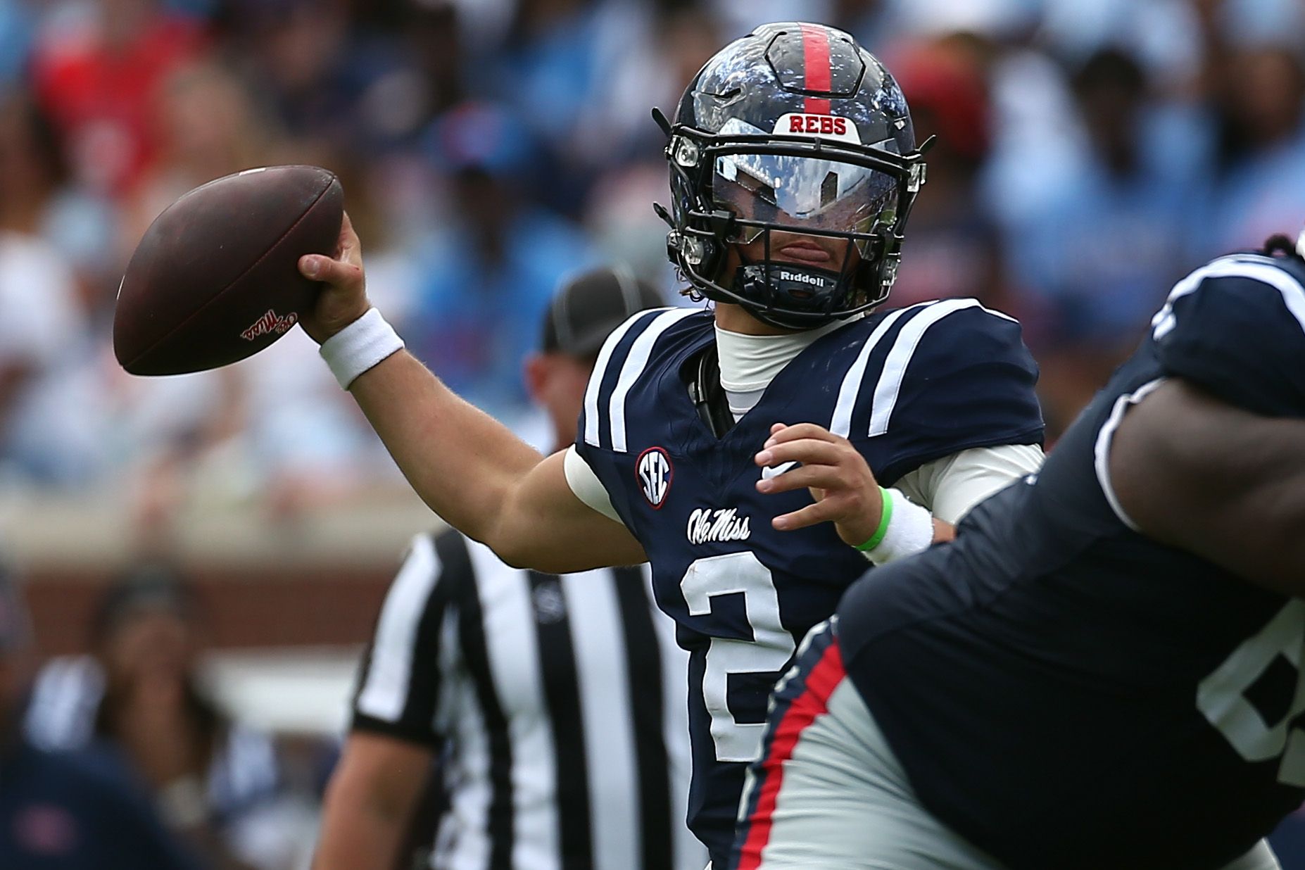 Oct 26, 2024; Oxford, Mississippi, USA; Mississippi Rebels quarterback Jaxson Dart (2) passes the ball during the second half against the Oklahoma Sooners at Vaught-Hemingway Stadium. Mandatory Credit: Petre Thomas-Imagn Images