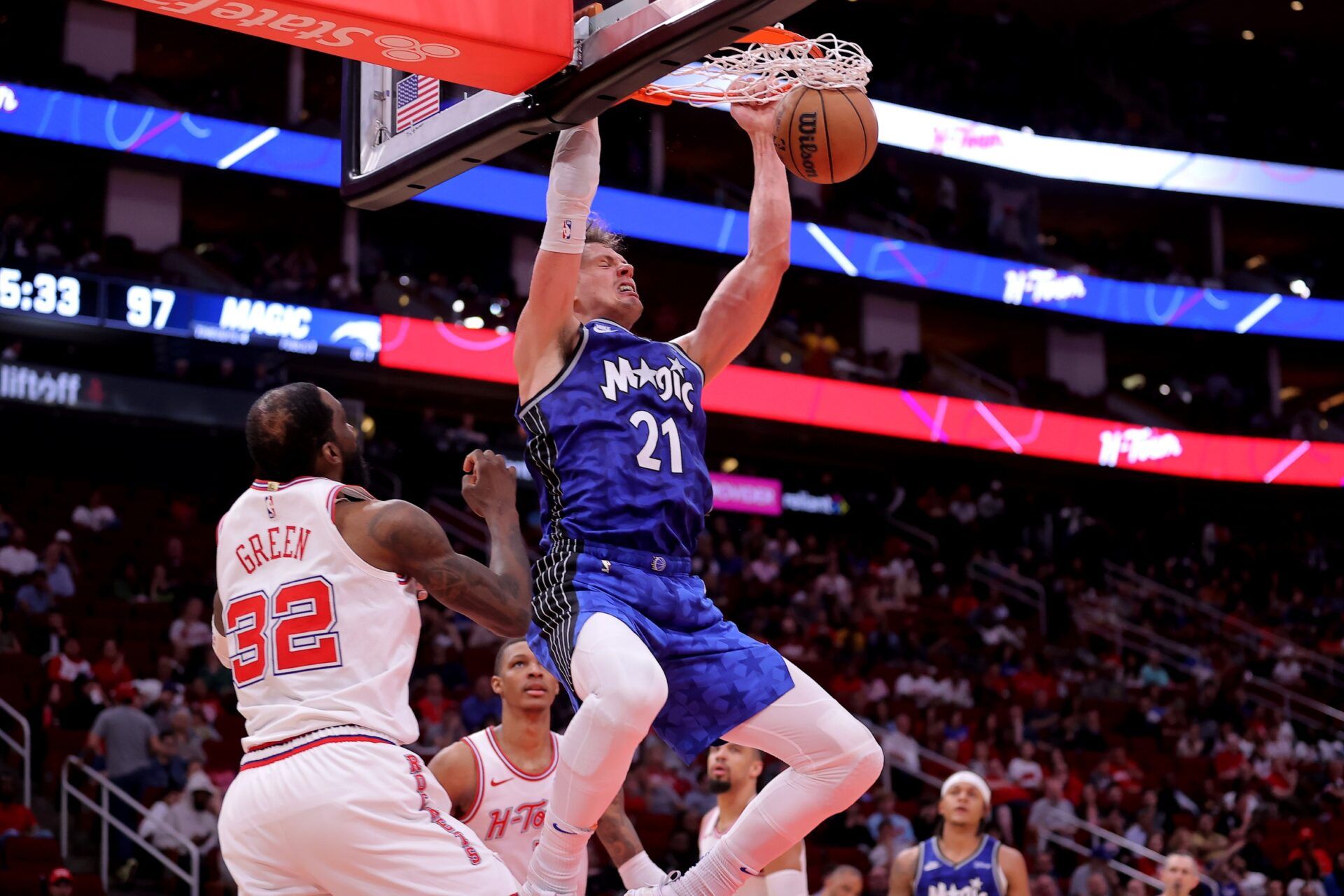 Orlando Magic center Moritz Wagner (21) dunks against the Houston Rockets during the fourth quarter at Toyota Center.