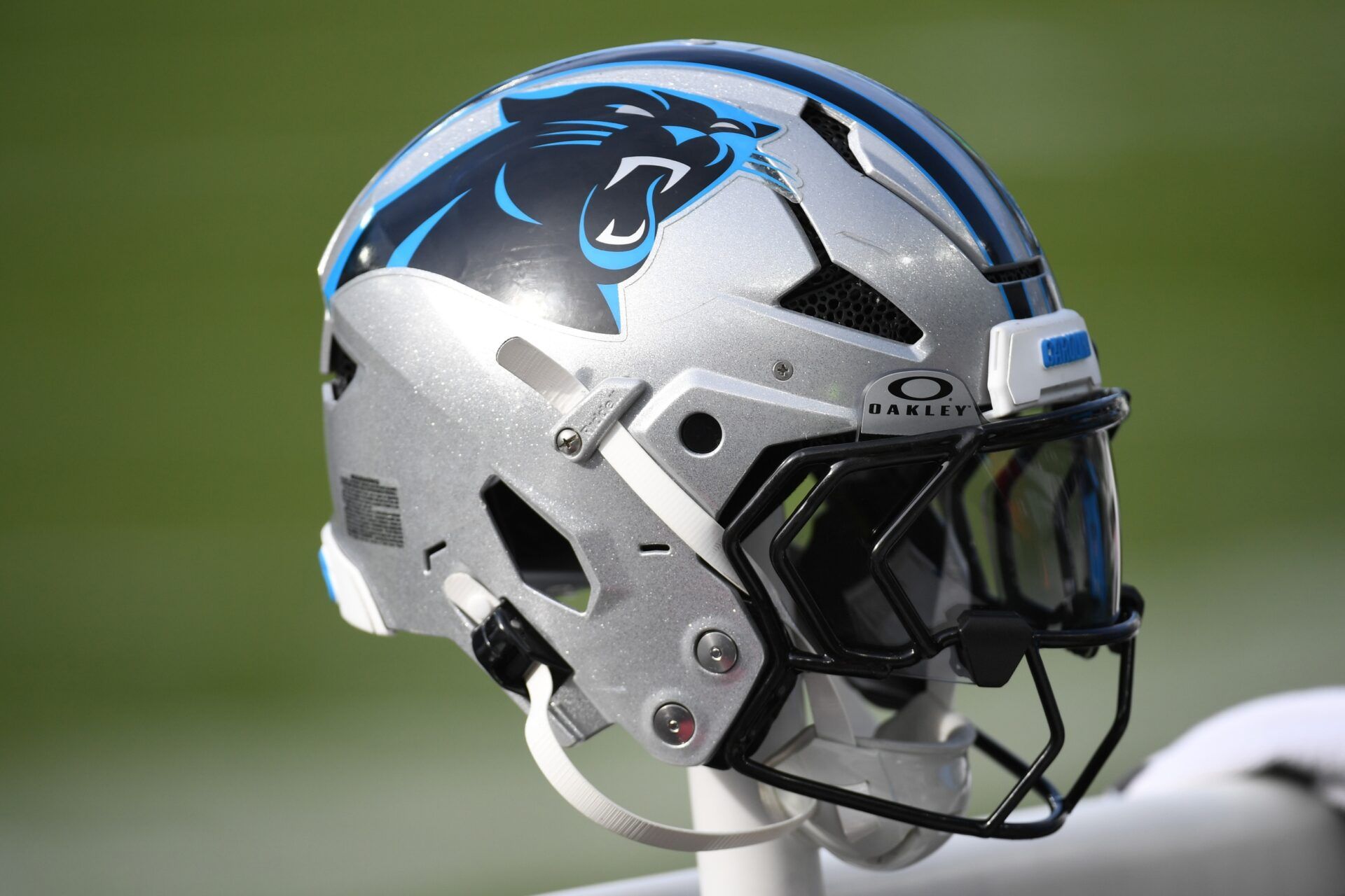 Carolina Panthers helmet rests on the bench against the Philadelphia Eagles at Lincoln Financial Field.