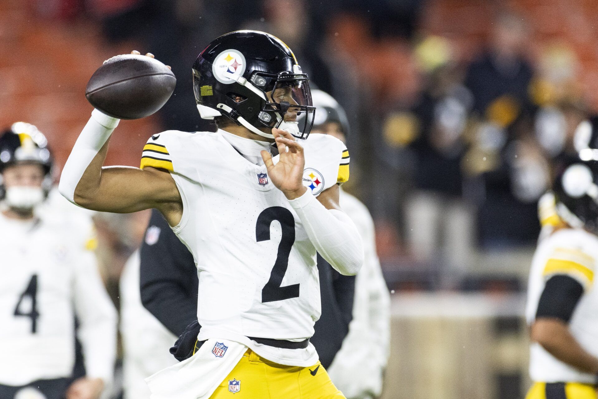 Pittsburgh Steelers quarterback Justin Fields (2) throws the ball during warm ups before the game against the Cleveland Browns at Huntington Bank Field Stadium.