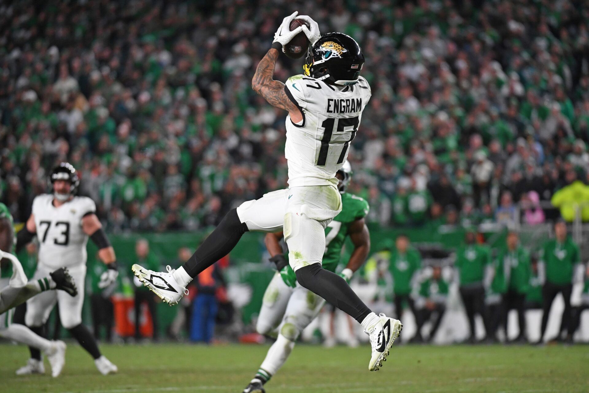 Jacksonville Jaguars tight end Evan Engram (17) makes a catch against the Philadelphia Eagles at Lincoln Financial Field.