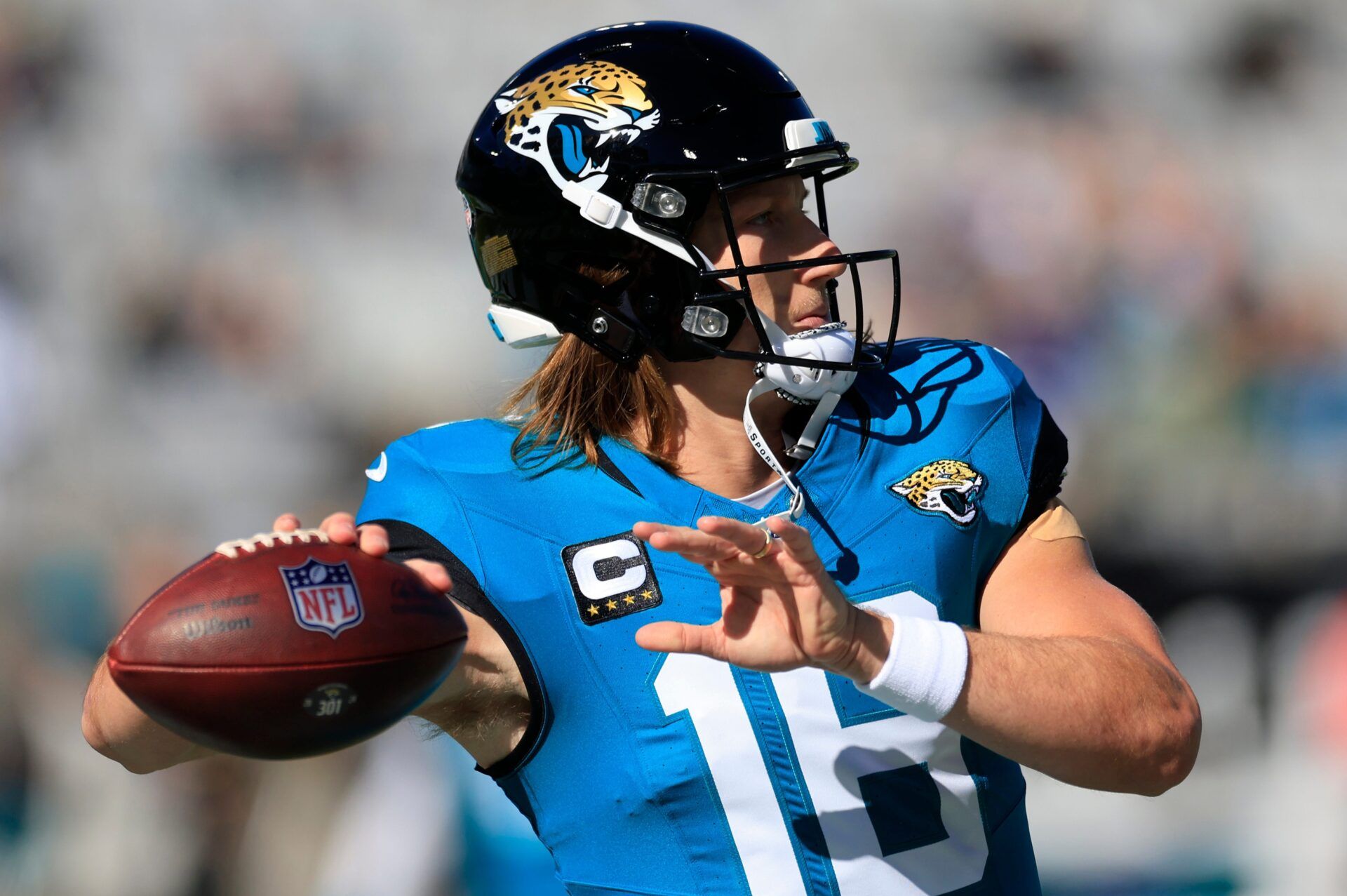 Jacksonville Jaguars quarterback Trevor Lawrence (16) warms up before an NFL football matchup Sunday, Dec. 1, 2024 at EverBank Stadium in Jacksonville, Fla. [Corey Perrine/Florida Times-Union]