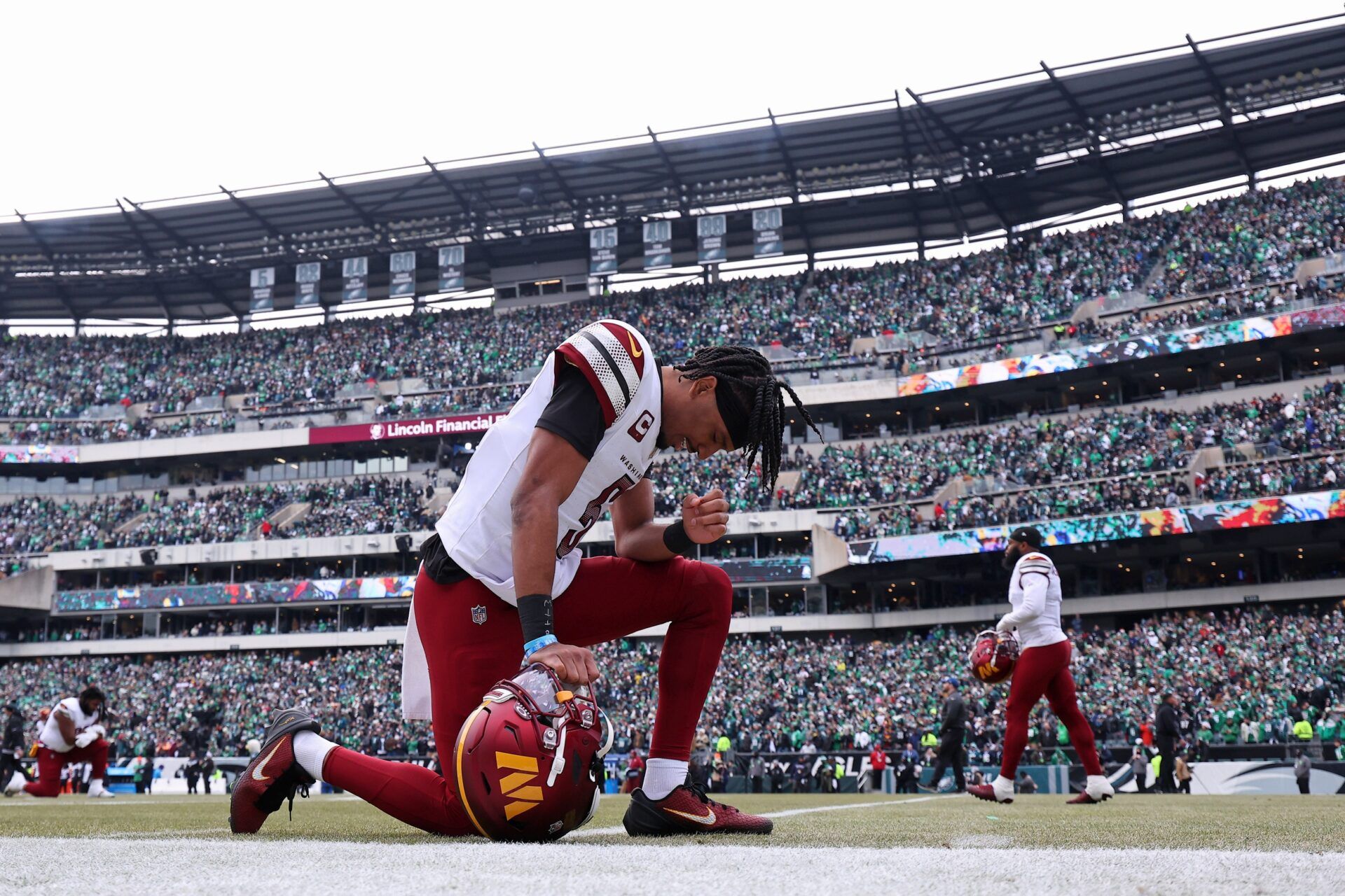 Washington Commanders quarterback Jayden Daniels (5) before the NFC Championship game at Lincoln Financial Field.