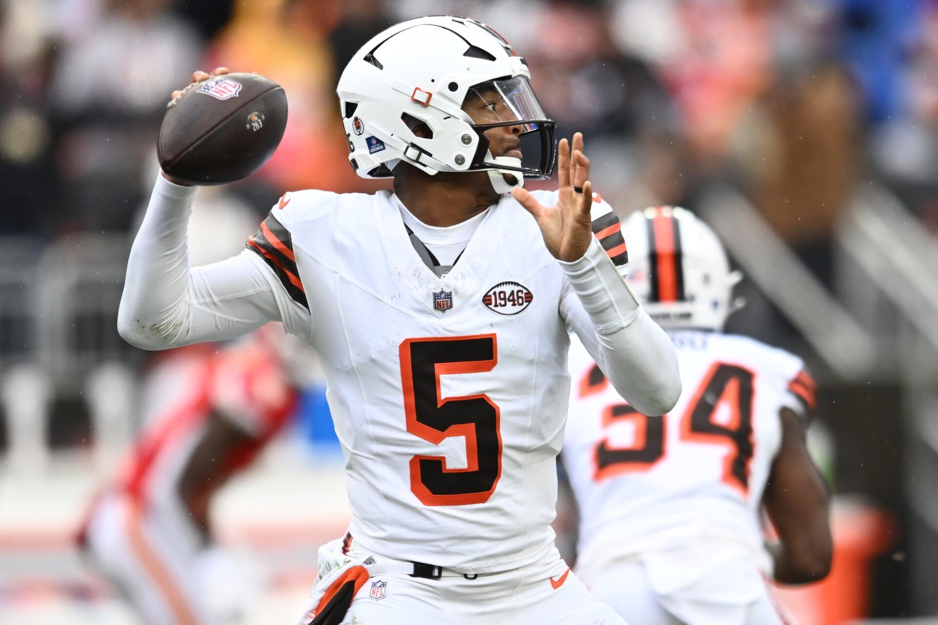 Cleveland Browns quarterback Jameis Winston (5) throws a pass during the first half against the Kansas City Chiefs at Huntington Bank Field.