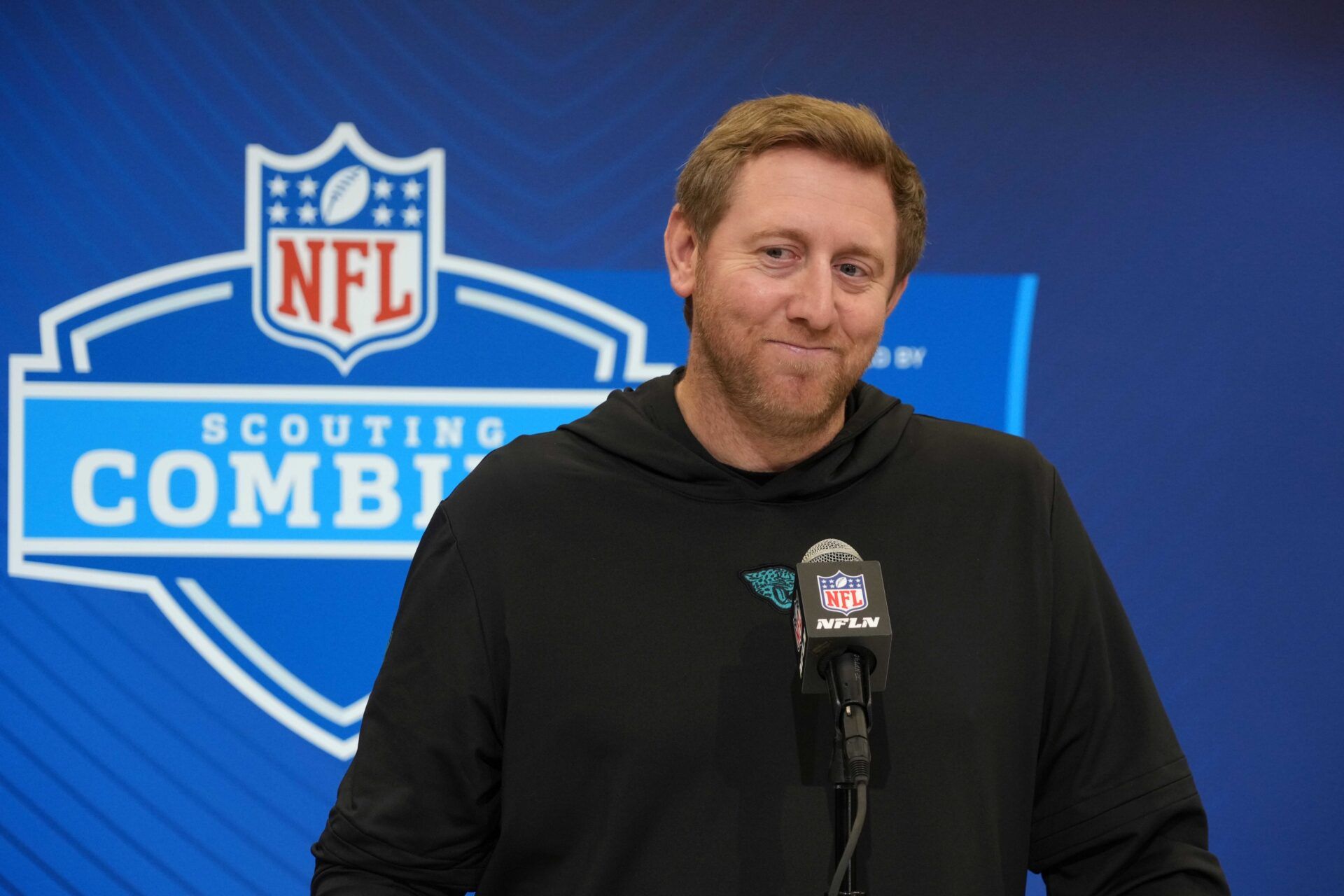 Jacksonville Jaguars coach Liam Coen speaks during the NFL Scouting Combine at the Indiana Convention Center.