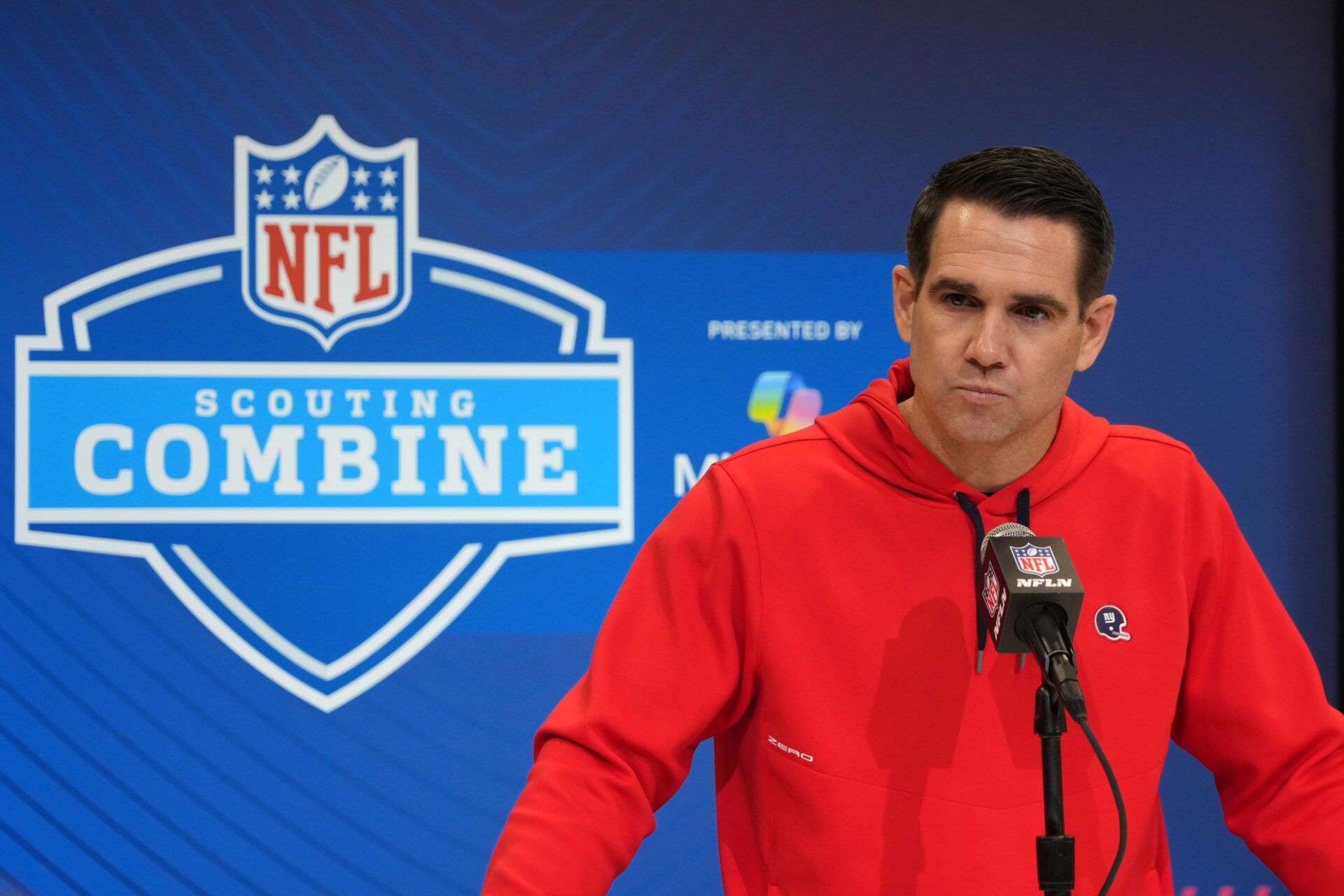 New York Giants general manager Joe Schoen speaks during the NFL Scouting Combine at the Indiana Convention Center.