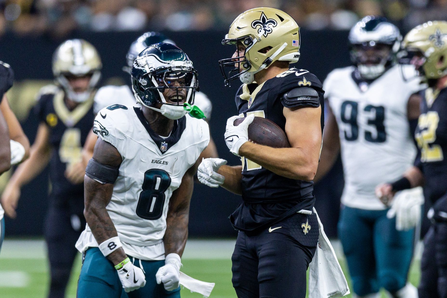 Philadelphia Eagles safety C.J. Gardner-Johnson (8) yells at New Orleans Saints tight end Foster Moreau (87) during the first half at Caesars Superdome.