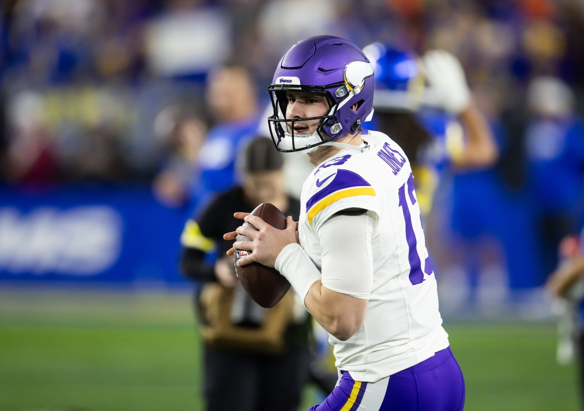 Glendale, AZ, USA; Minnesota Vikings quarterback Daniel Jones (13) against the Los Angeles Rams during an NFC wild card game at State Farm Stadium.