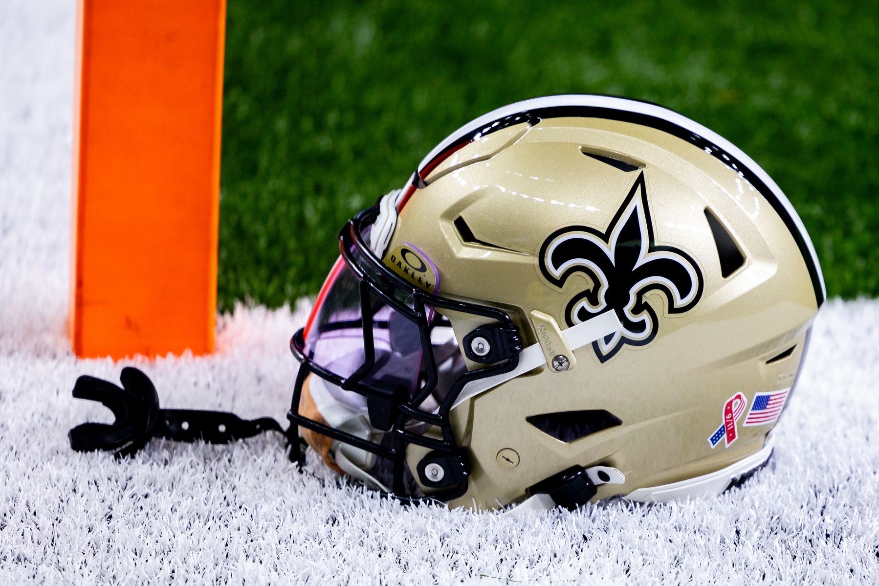 Detailed view of the New Orleans Saints football helmet before the game against the Carolina Panthers during the pregame at Caesars Superdome.