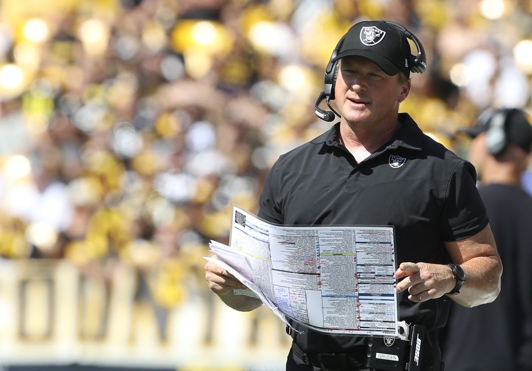 Las Vegas Raiders head coach Jon Gruden looks on from the sidelines against the Pittsburgh Steelers during the second quarter at Heinz Field.