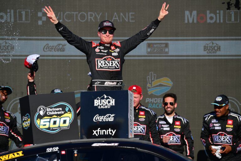 NASCAR Cup Series driver Christopher Bell (20) celebrates his victory of the Shriners Children’s 500 at Phoenix Raceway.