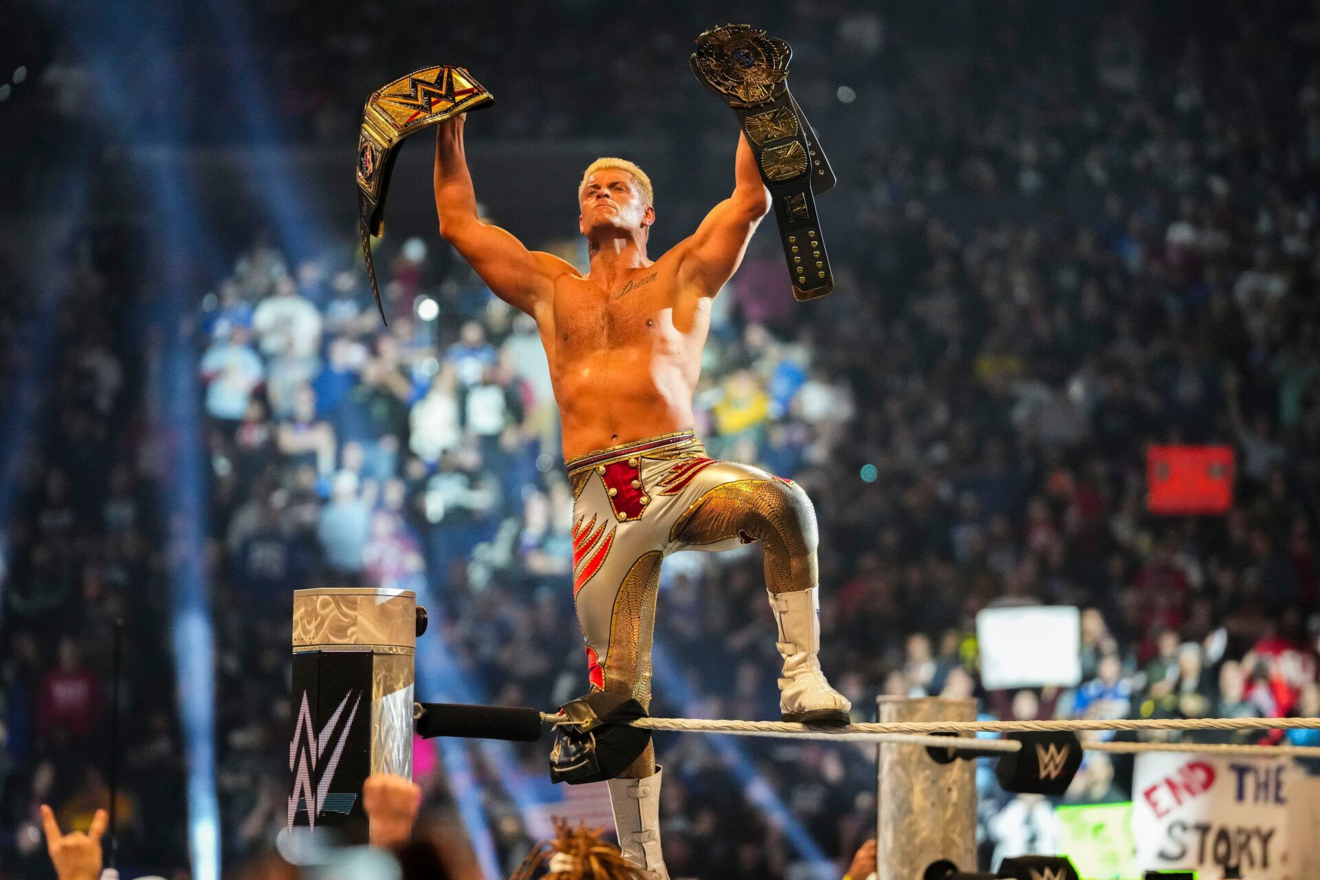 Cody Rhodes wins Saturday, Feb. 1, 2025, during the WWE Royal Rumble at Lucas Oil Stadium in Indianapolis.