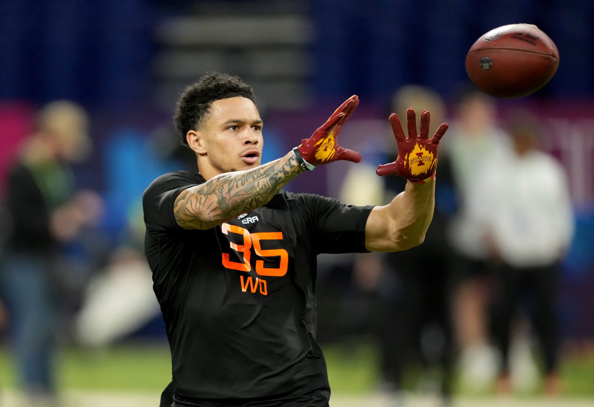 Mar 1, 2025; Indianapolis, IN, USA; Iowa Staet wideout Jaylin Noel (WO35) during the 2025 NFL Combine at Lucas Oil Stadium. Mandatory Credit: Kirby Lee-Imagn Images