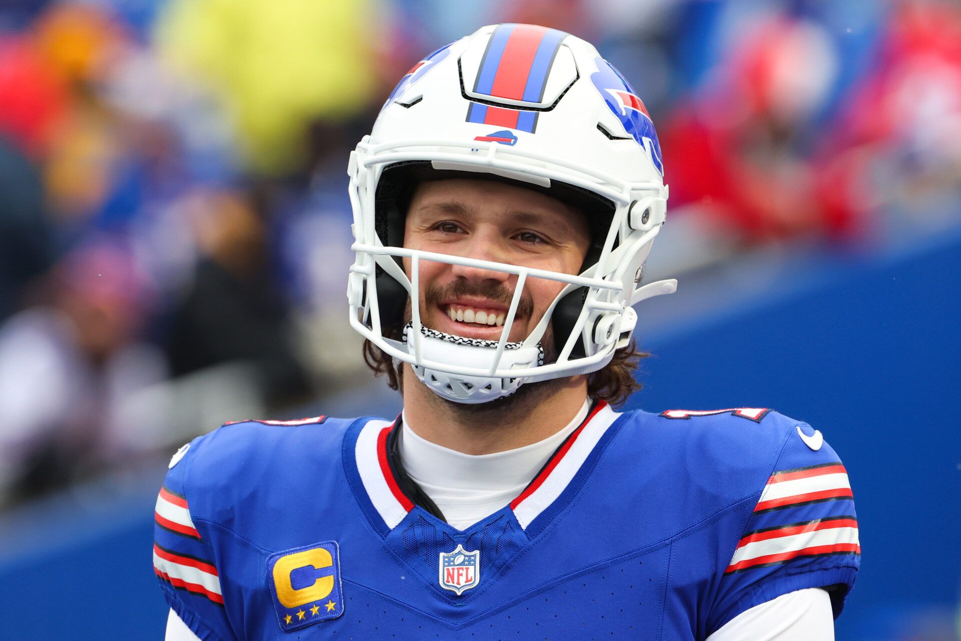 ORCHARD PARK, NEW YORK - JANUARY 12: Josh Allen #17 of the Buffalo Bills warms up prior to playing the Denver Broncos during the AFC Wild Card Playoffs at Highmark Stadium on January 12, 2025 in Orchard Park, New York. (Photo by Timothy T Ludwig/Getty Images)