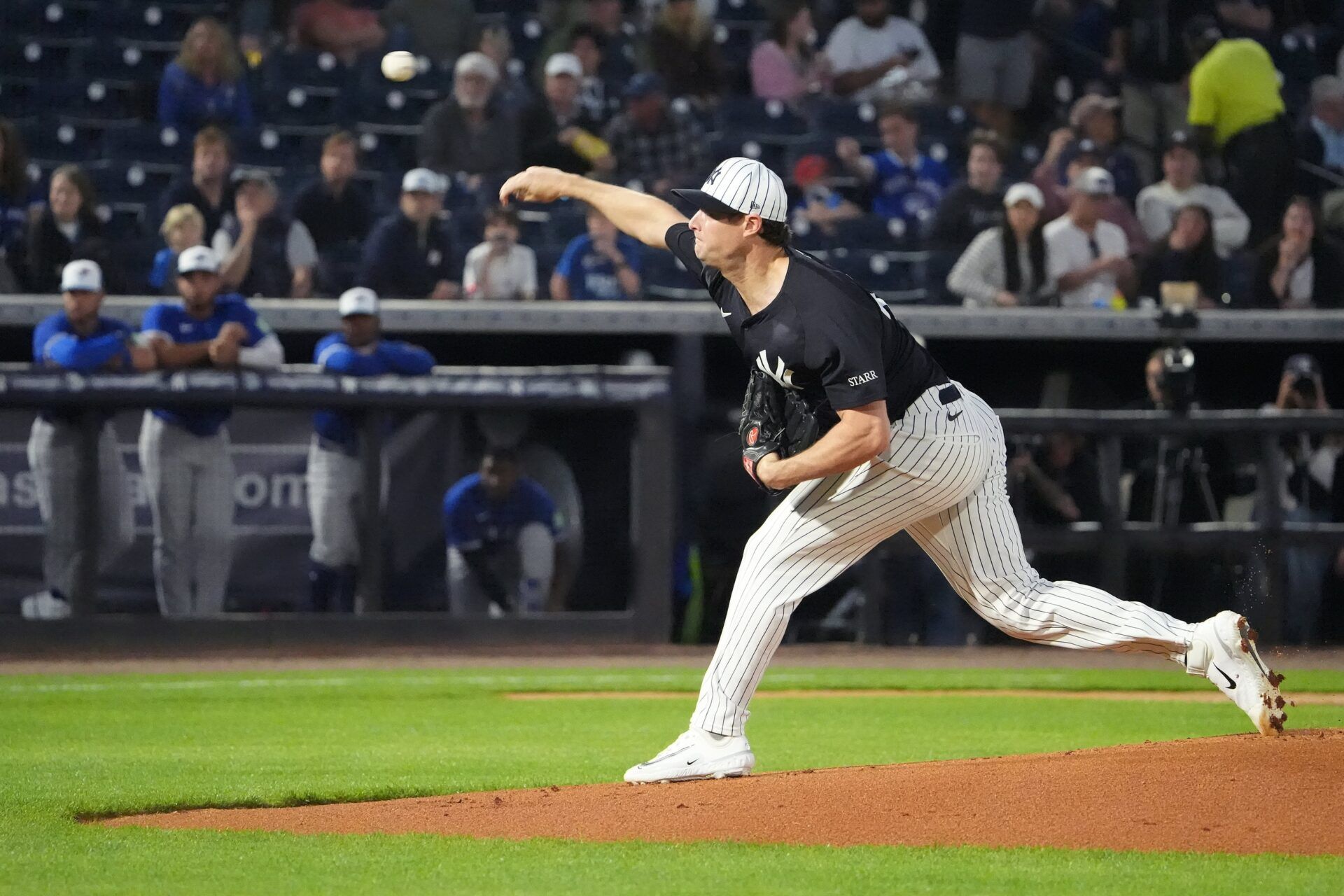 New York Yankees pitcher Gerrit Cole (45) throws a pitch against the Toronto Blue Jays during the first inning at George M. Steinbrenner Field.