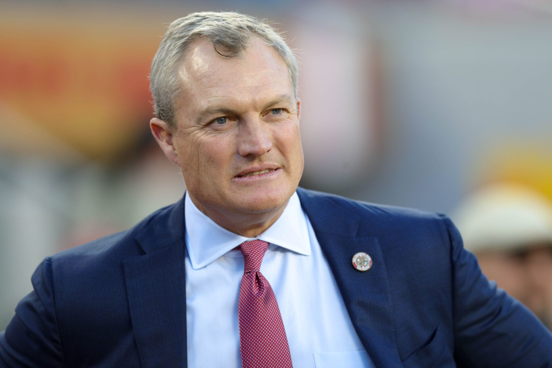 Dec 30, 2024; Santa Clara, California, USA; San Francisco 49ers general manager John Lynch before the game against the Detroit Lions at Levi's Stadium. Mandatory Credit: Sergio Estrada-Imagn Images