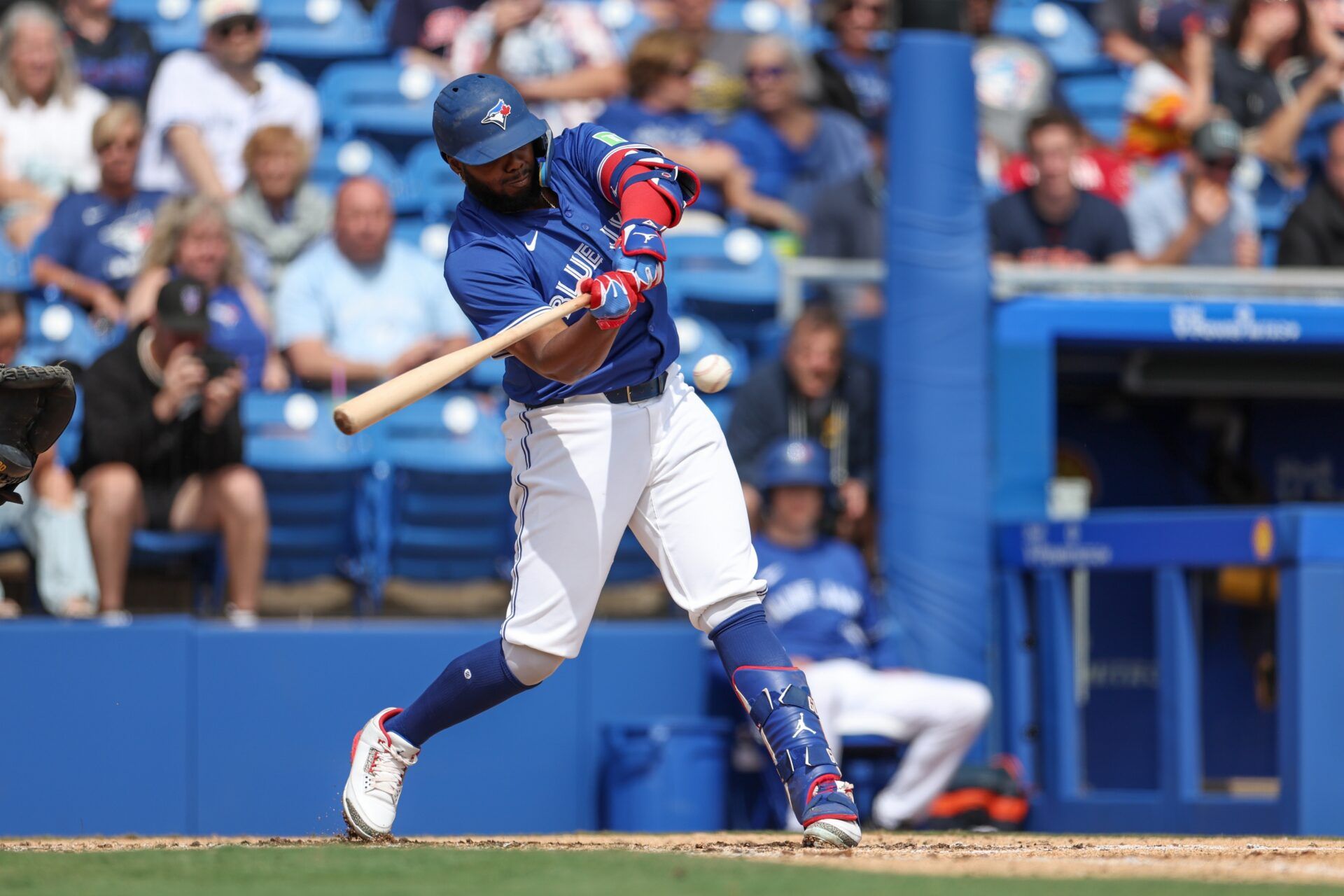 Toronto Blue Jays first baseman Vladimir Guerrero Jr. (27) singles against the Houston Astros in the fifth inning during spring training at TD Ballpark.