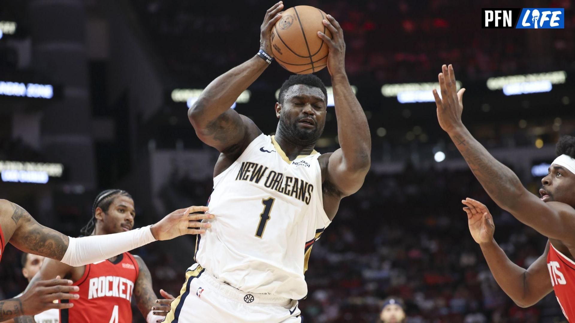 New Orleans Pelicans forward Zion Williamson (1) gets a rebound during the game against the Houston Rockets at Toyota Center.