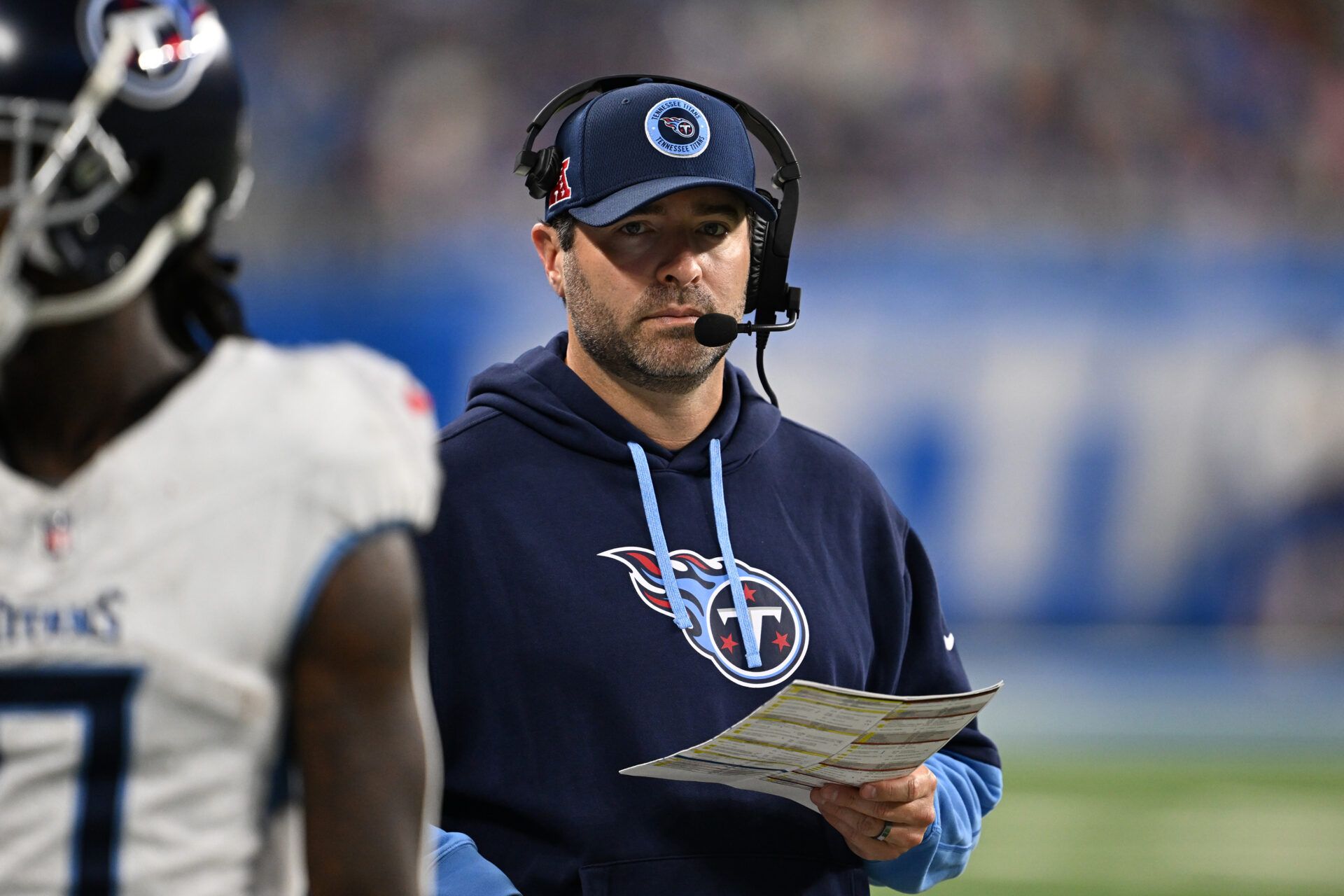 Oct 27, 2024; Detroit, Michigan, USA; Tennessee Titans head coach Brian Callahan on the sidelines during their game against the Detroit Lions in the fourth quarter at Ford Field. Mandatory Credit: Lon Horwedel-Imagn Images