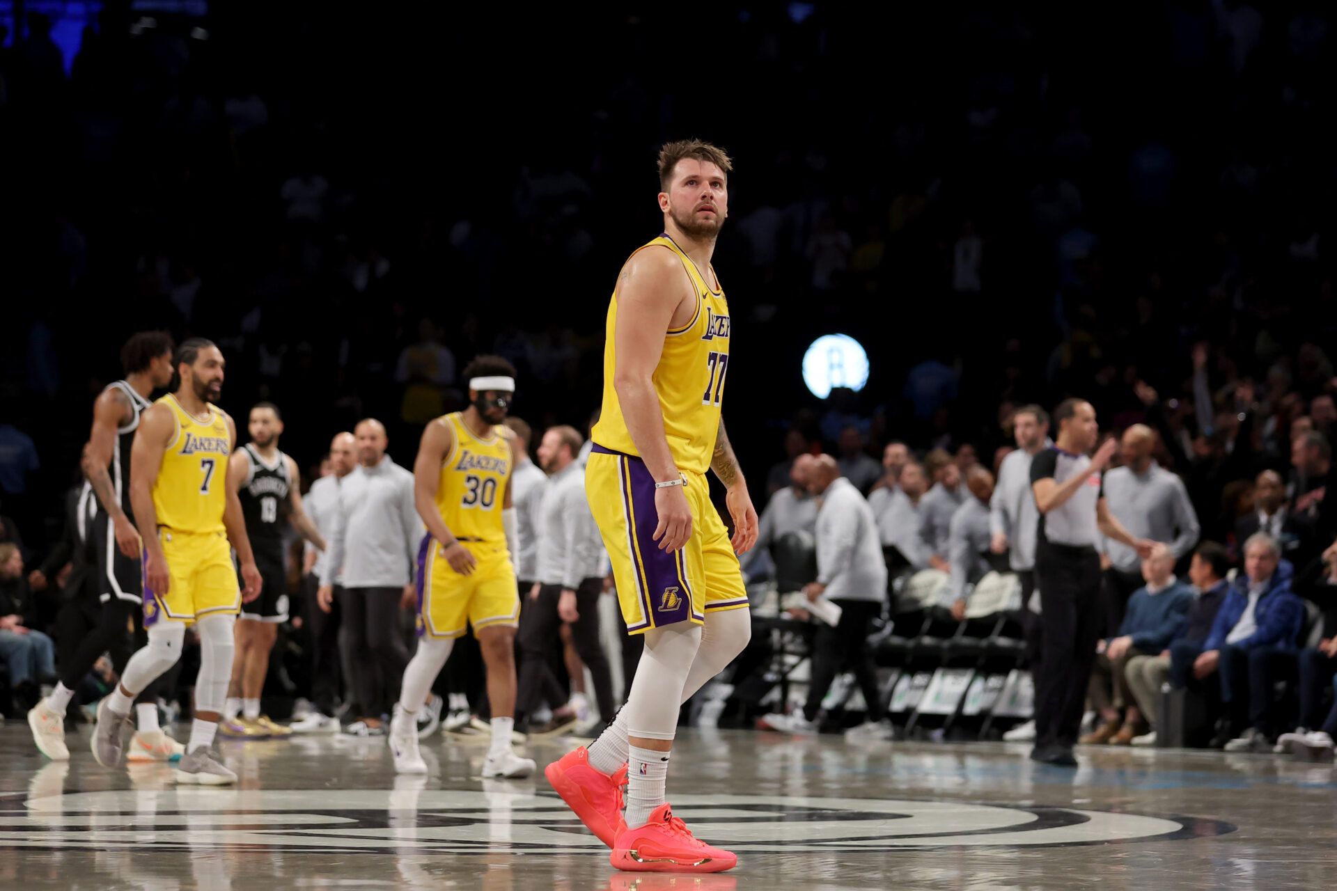 Mar 10, 2025; Brooklyn, New York, USA; Los Angeles Lakers guard Luka Doncic (77) reacts during the fourth quarter against the Brooklyn Nets at Barclays Center. Mandatory Credit: Brad Penner-Imagn Images
