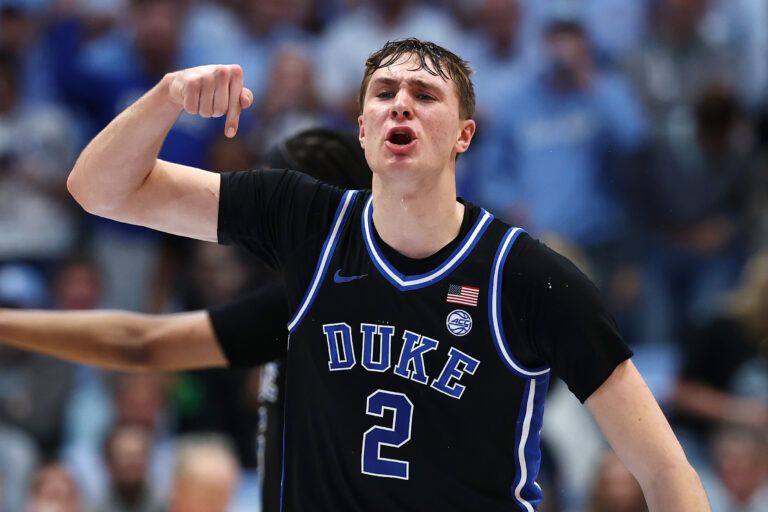 CHAPEL HILL, NORTH CAROLINA - MARCH 08: Cooper Flagg #2 of the Duke Blue Devils reacts following a dunk during the second half of the game against the North Carolina Tar Heels at Dean E. Smith Center on March 08, 2025 in Chapel Hill, North Carolina. (Photo by Jared C. Tilton/Getty Images)