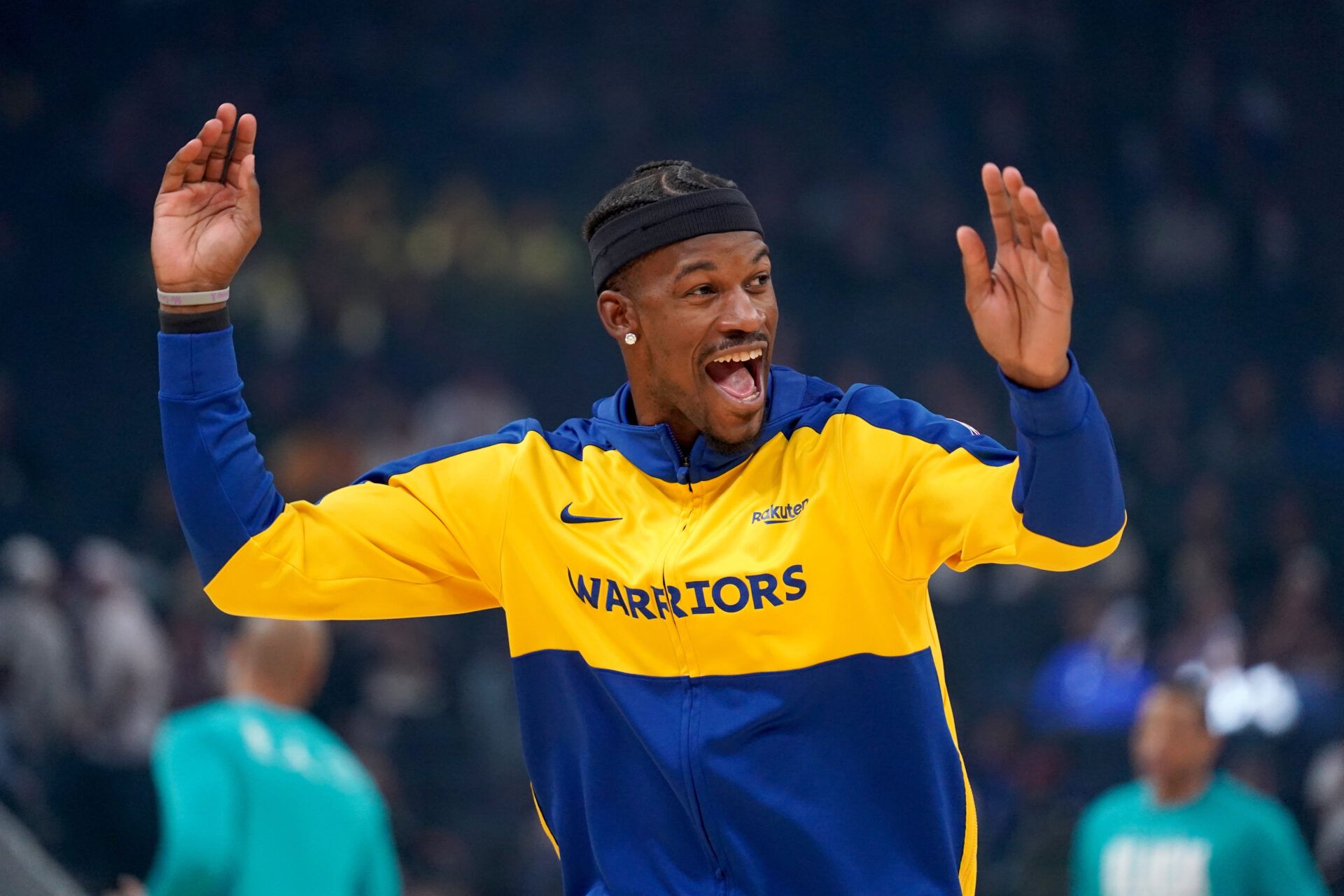 Feb 25, 2025; San Francisco, California, USA; Golden State Warriors forward Jimmy Butler III (10) reacts during warmups before a game against the Charlotte Hornets at the Chase Center. Mandatory Credit: Cary Edmondson-Imagn Images