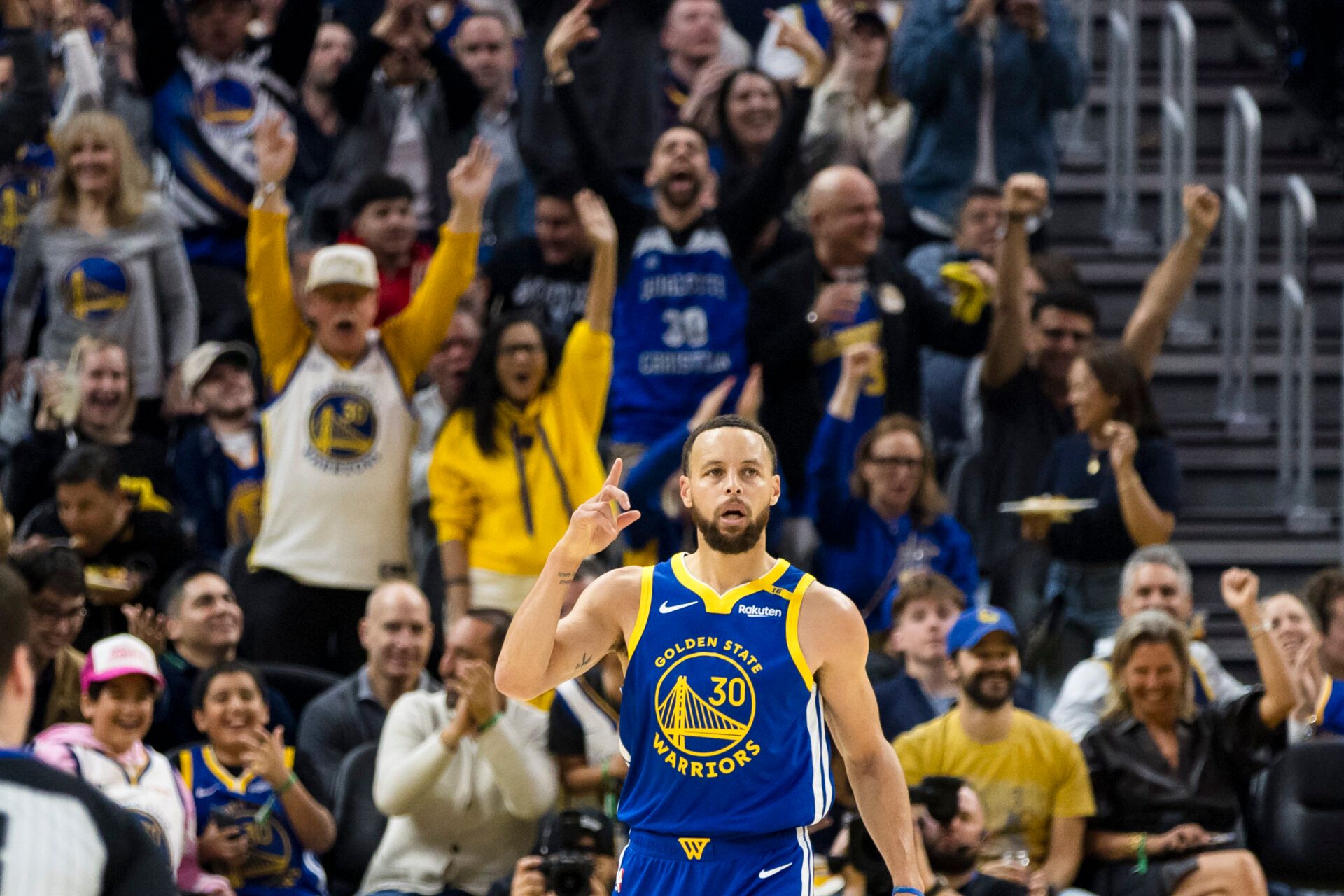 Mar 10, 2025; San Francisco, California, USA; Golden State Warriors guard Stephen Curry (30) reacts after hitting a three-point shot against the Portland Trail Blazers during the first quarter at Chase Center. Mandatory Credit: John Hefti-Imagn Images