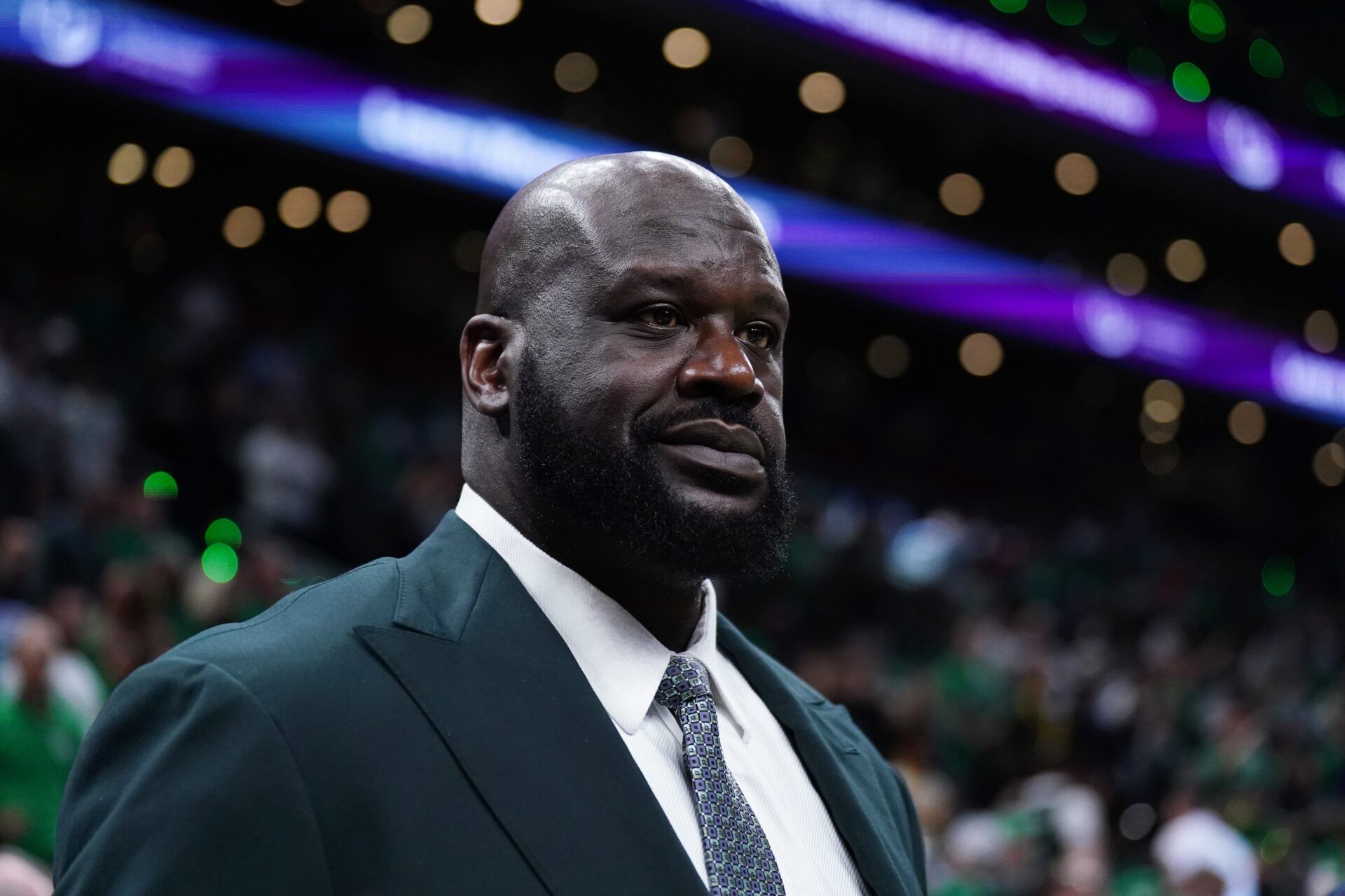 Shaquille O'Neal looks on before the game between the Boston Celtics and the Dallas Mavericks in game one of the 2024 NBA Finals at TD Garden.