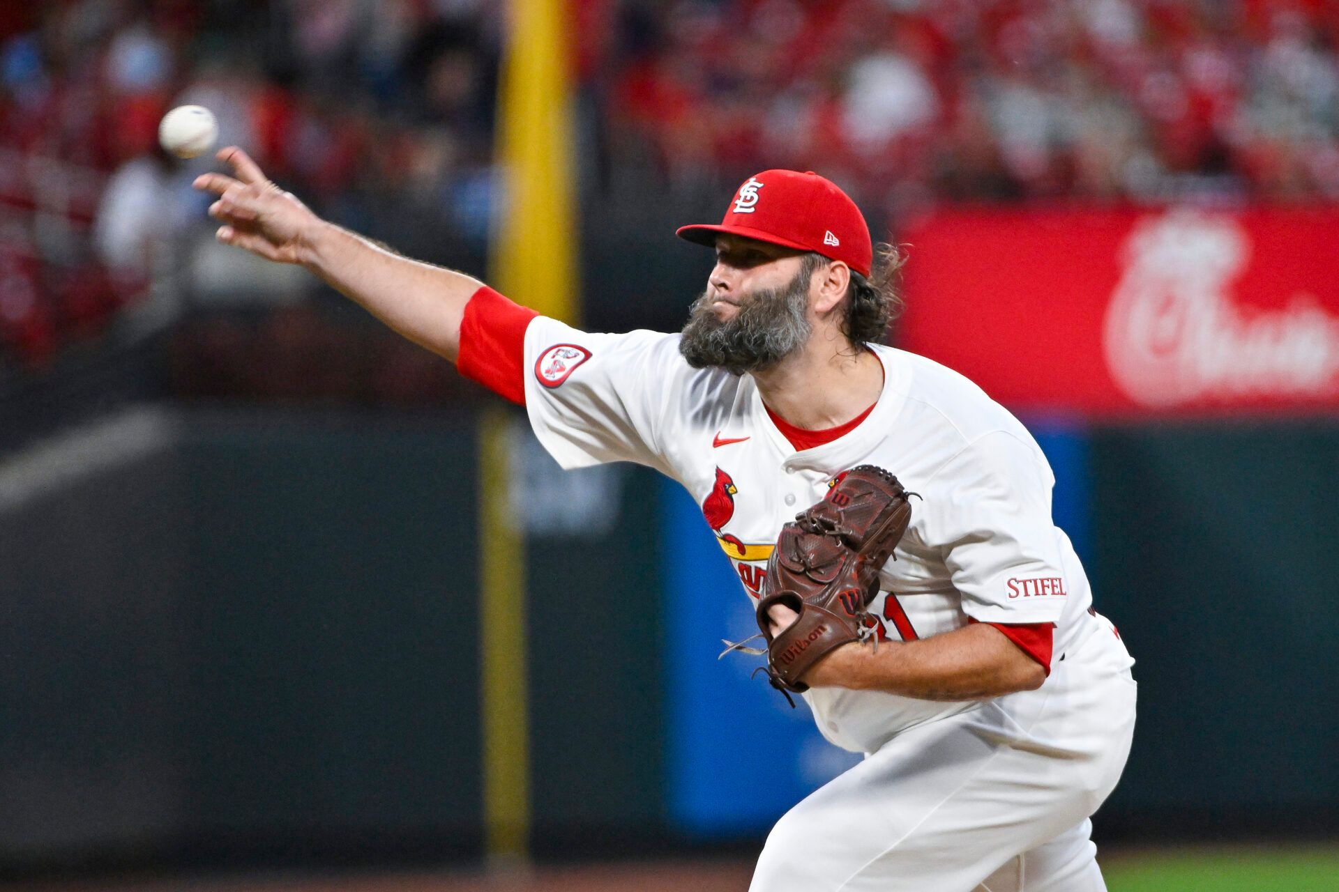 Sep 17, 2024; St. Louis, Missouri, USA; St. Louis Cardinals starting pitcher Lance Lynn (31) pitches against the Pittsburgh Pirates during the second inning at Busch Stadium. Mandatory Credit: Jeff Curry-Imagn Images