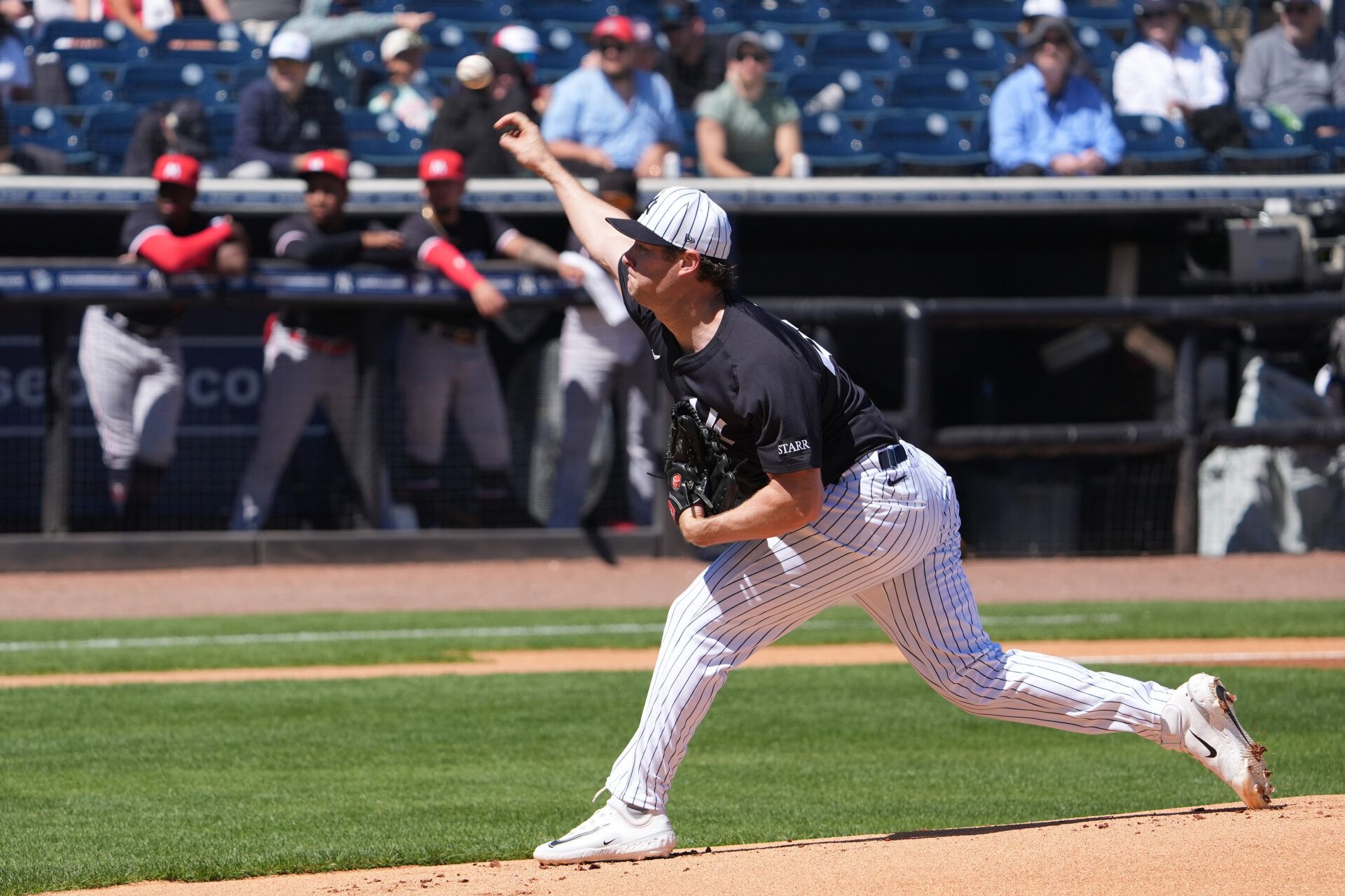 Mar 6, 2025; Tampa, Florida, USA;New York Yankees pitcher Gerrit Cole (45) throws a pitch against the Minnesota Twins during the first inning at George M. Steinbrenner Field. Mandatory Credit: Dave Nelson-Imagn Images