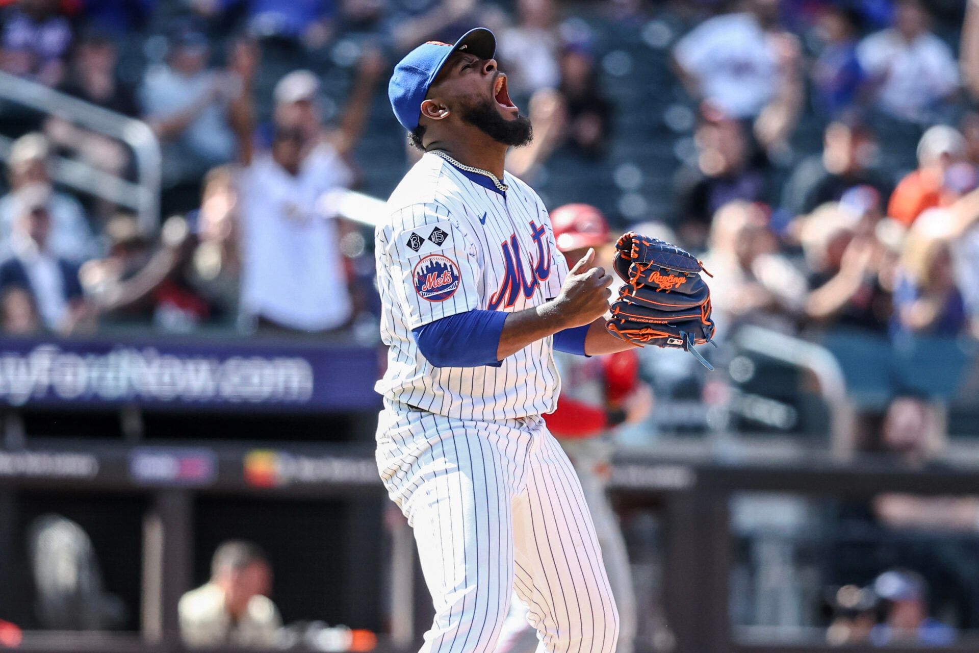 Sep 8, 2024; New York City, New York, USA; New York Mets starting pitcher Luis Severino (40) reacts after an out in the fifth inning against the Cincinnati Reds at Citi Field. Mandatory Credit: Wendell Cruz-Imagn Images