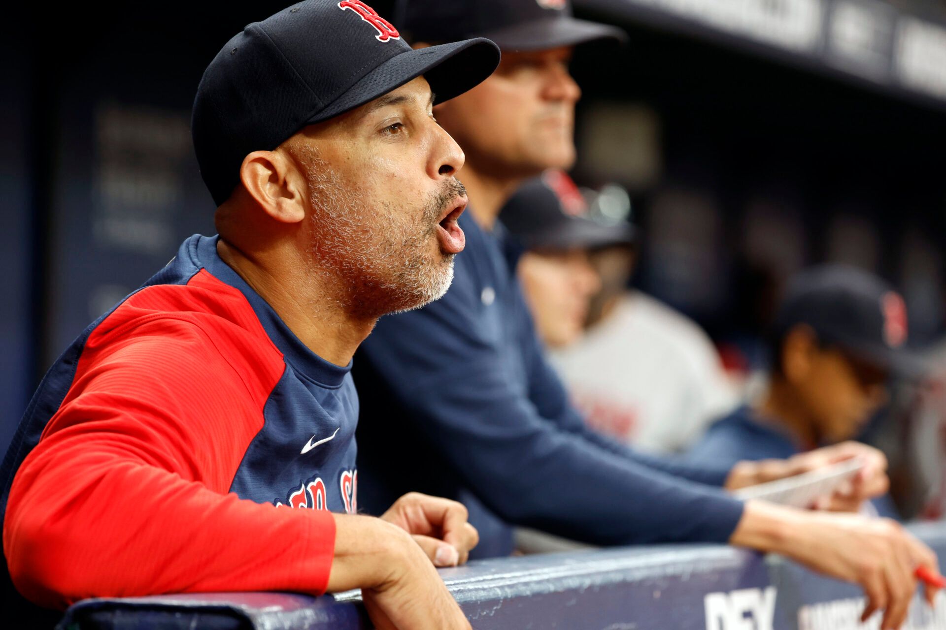 Sep 6, 2022; St. Petersburg, Florida, USA; Boston Red Sox manager Alex Cora (13) reacts against the Tampa Bay Rays during the seventh inning at Tropicana Field. Mandatory Credit: Kim Klement-USA TODAY Sports