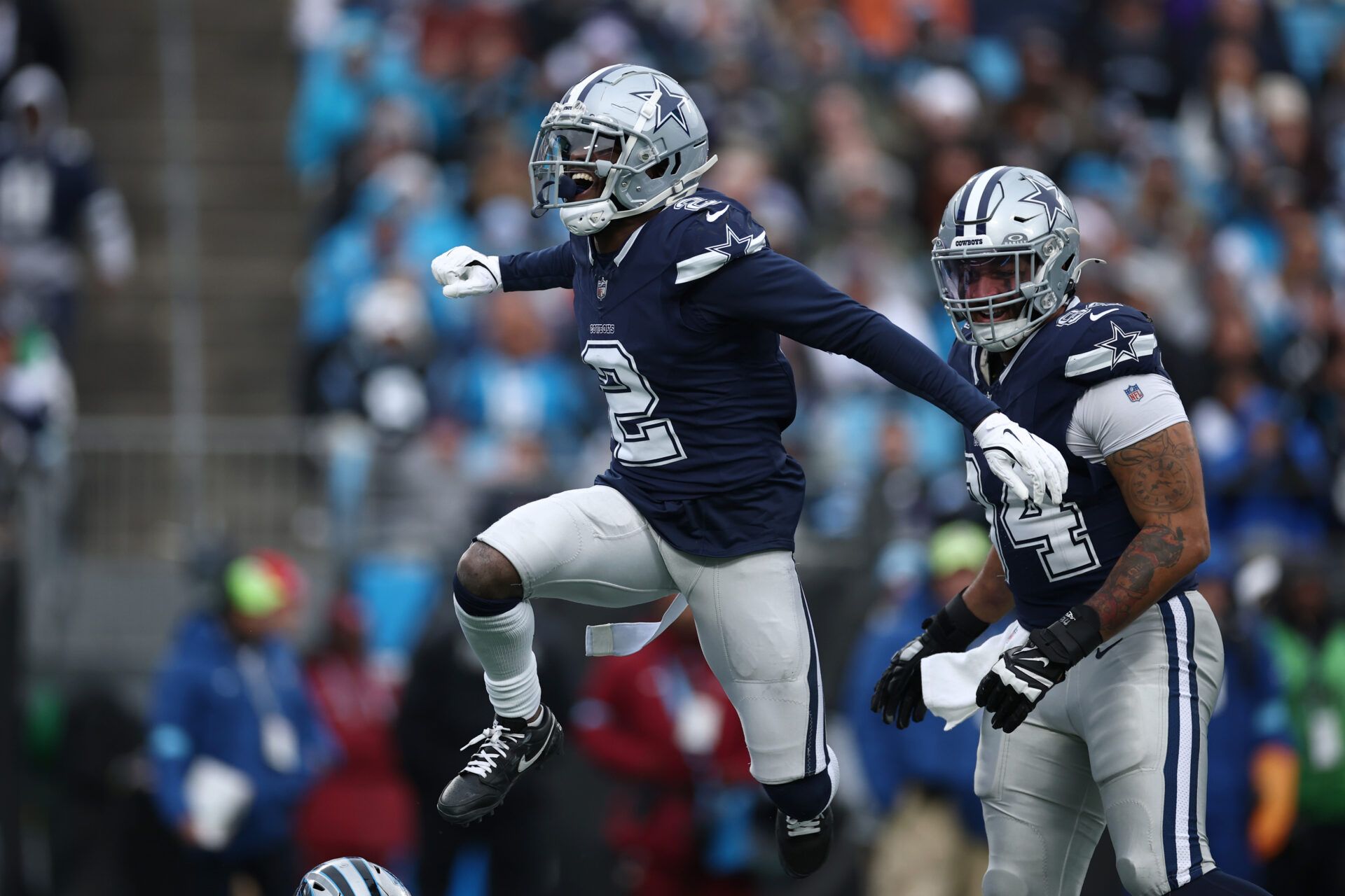 CHARLOTTE, NORTH CAROLINA - DECEMBER 15: Jourdan Lewis #2 of the Dallas Cowboys celebrates a sack against the Carolina Panthers during the third quarter at Bank of America Stadium on December 15, 2024 in Charlotte, North Carolina. (Photo by Jared C. Tilton/Getty Images)