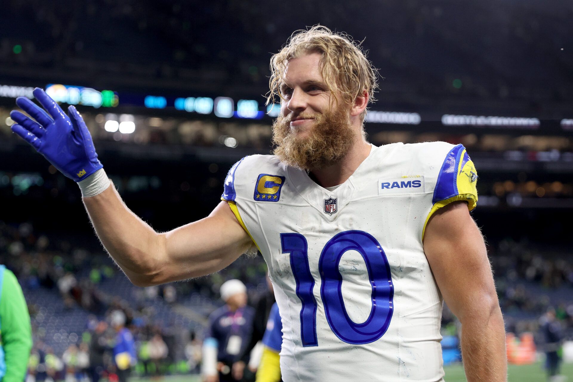 SEATTLE, WASHINGTON - NOVEMBER 03: Cooper Kupp #10 of the Los Angeles Rams reacts after beating the Seattle Seahawks in overtime at Lumen Field on November 03, 2024 in Seattle, Washington. (Photo by Steph Chambers/Getty Images)