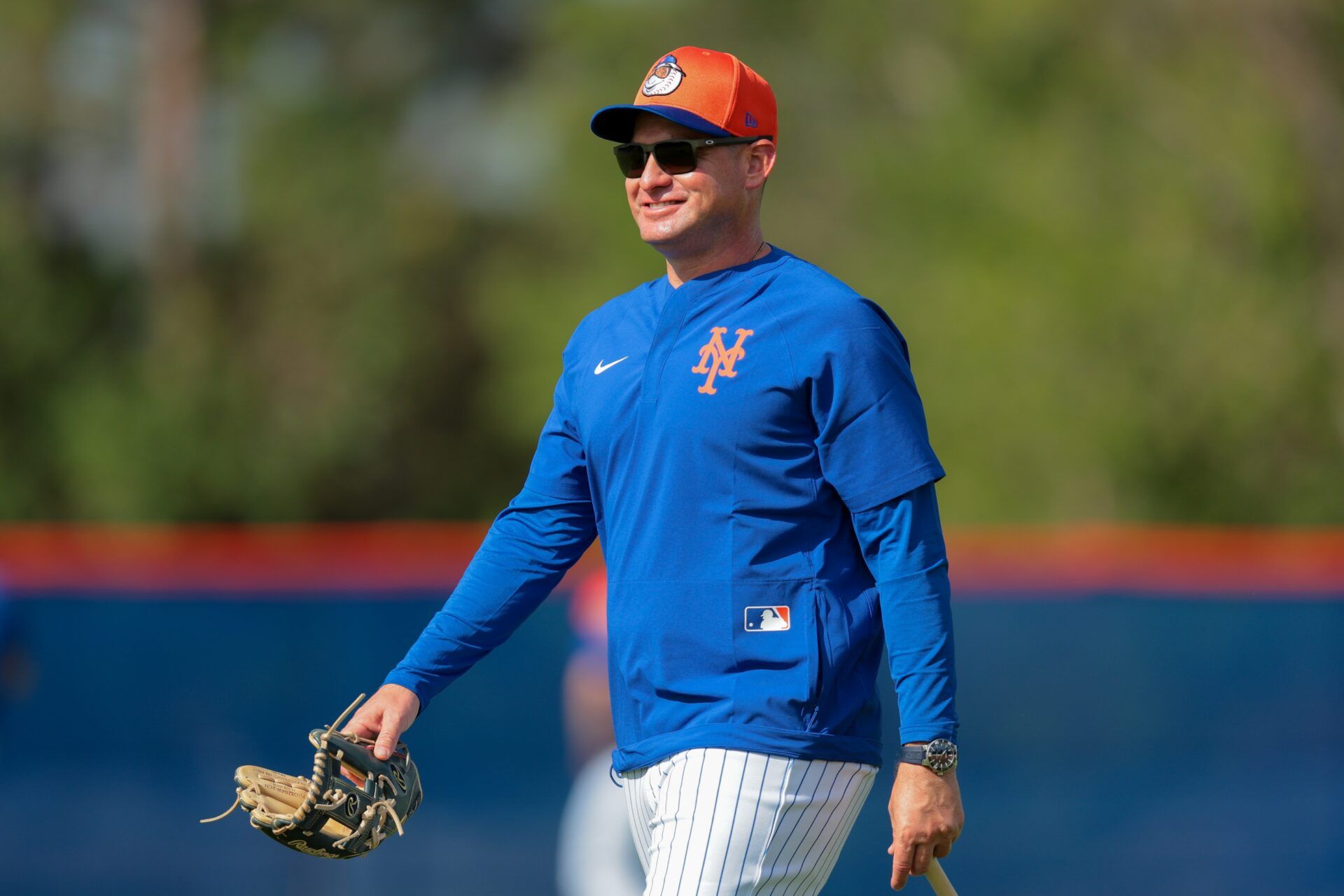 New York Mets manager Carlos Mendoza (64) looks on during Spring Training workouts at Clover Park.