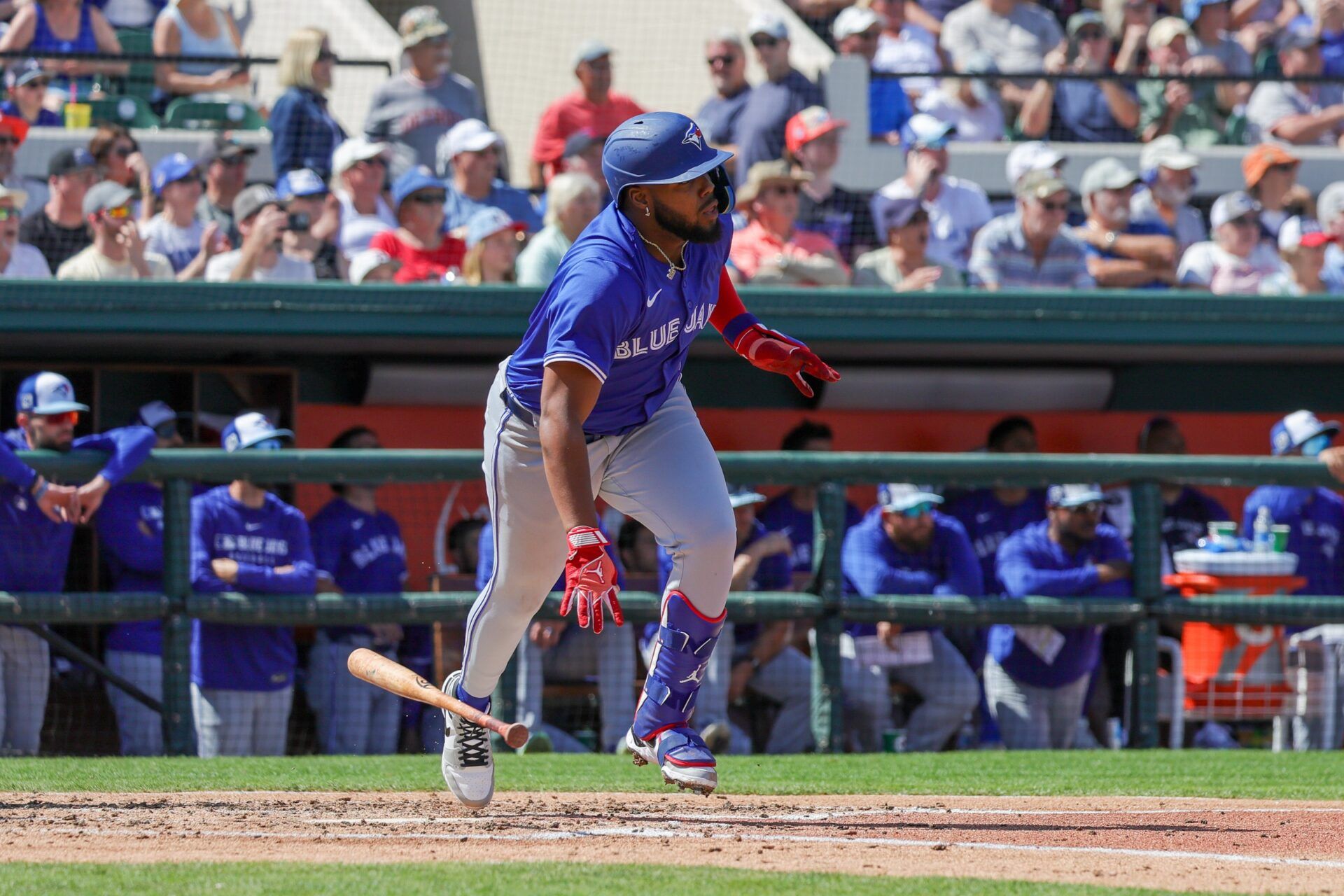 Toronto Blue Jays first baseman Vladimir Guerrero Jr. (27) watches a fly ball on the way to first during the fourth inning against the Toronto Blue Jays at Publix Field at Joker Marchant Stadium.