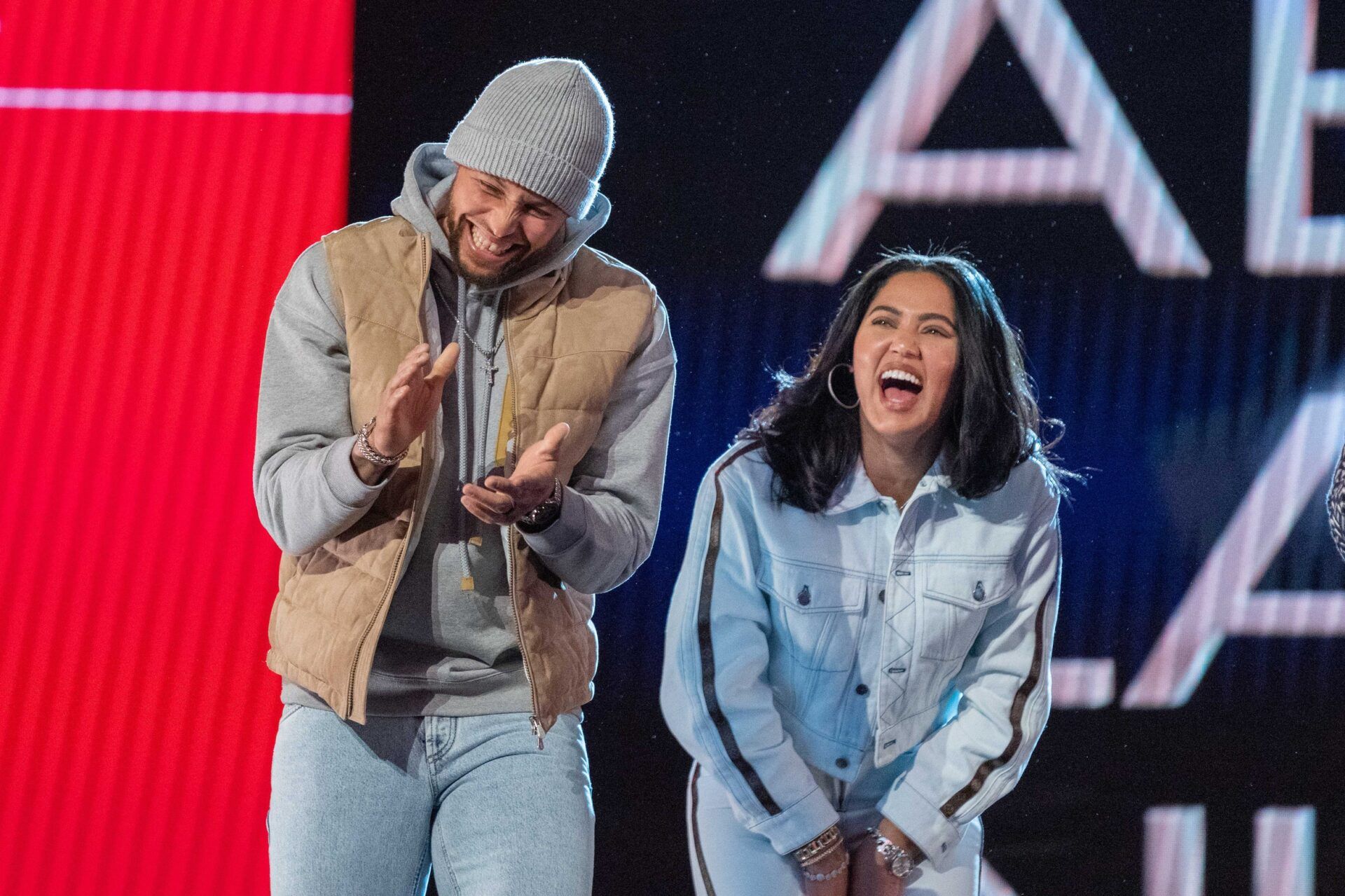 Golden State Warriors guard Stephen Curry (30) and wife Ayesha Curry (right) during the 2022 NBA All-Star Saturday Night at Rocket Mortgage Field House.