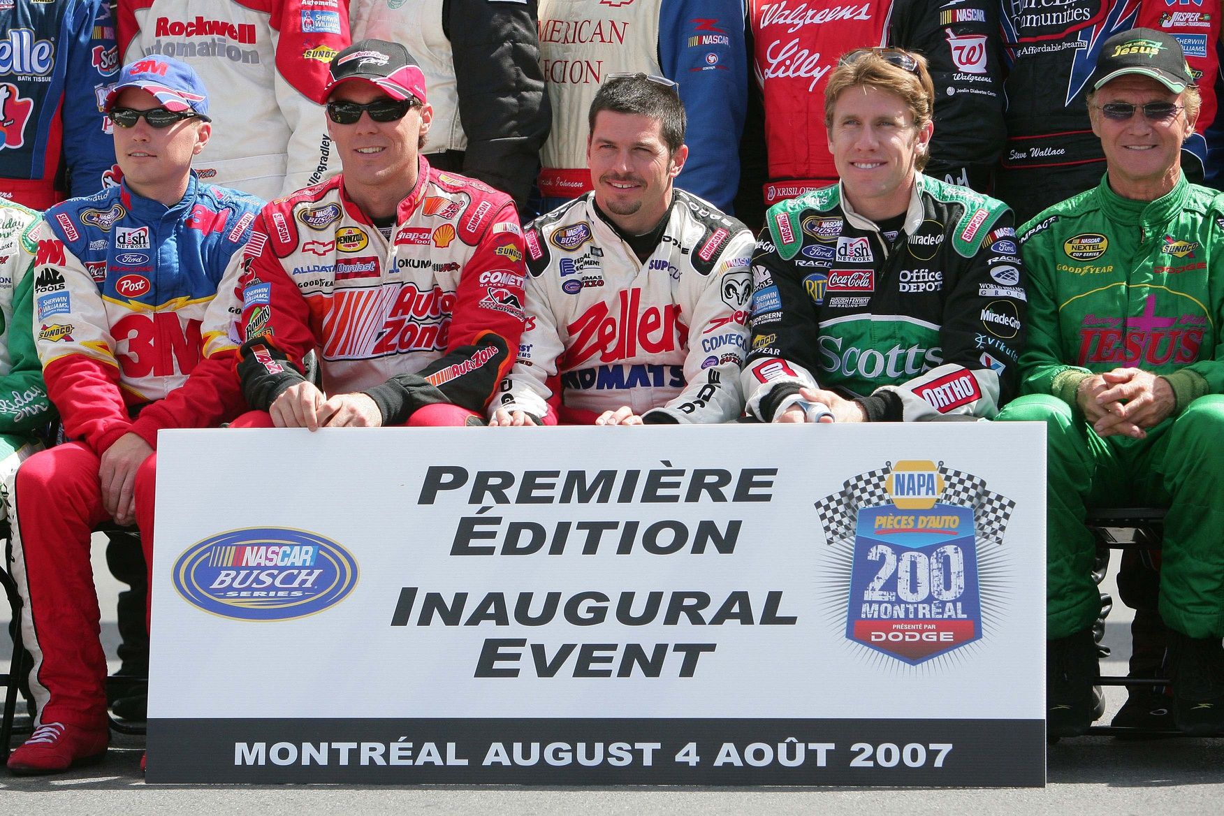 Nascar Busch Series driver Kevin Harvick (21) Patrick Carpentier (22) and Carl Edwards (60) pose for a group shot before the start of the first NASCAR event ever in Canada prior to the NAPA Auto Parts 200 at the Circuit Gilles Villeneuve in Montreal, QC.