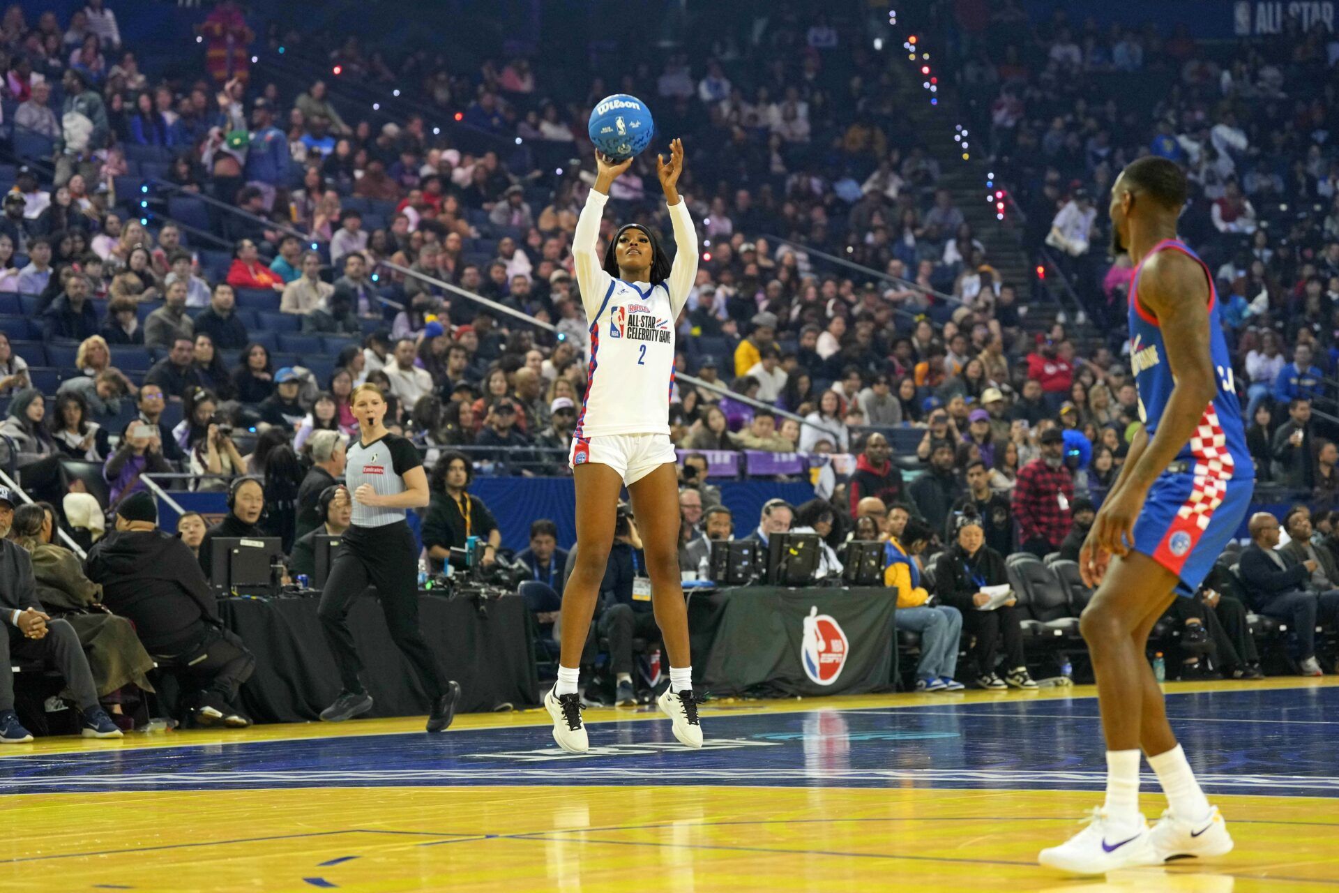 Rickea Jackson (2) of Team Bonds shoots the ball during the celebrity game ahead of the 2025 NBA All Star Game at Oakland Arena.