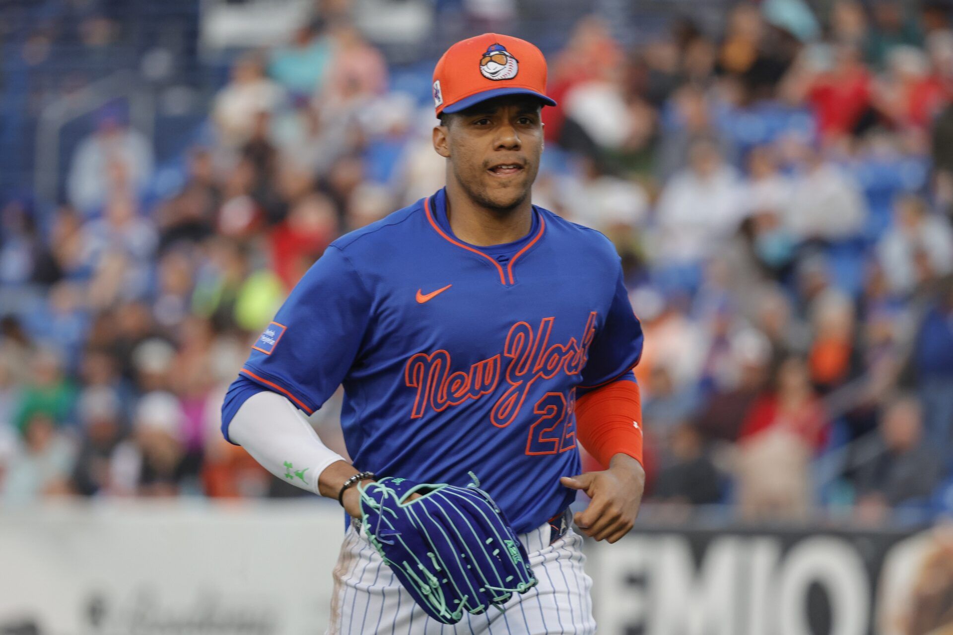 New York Mets outfielder Juan Soto (22) returns to the dugout during the third inning against the St. Louis Cardinals at Clover Park.