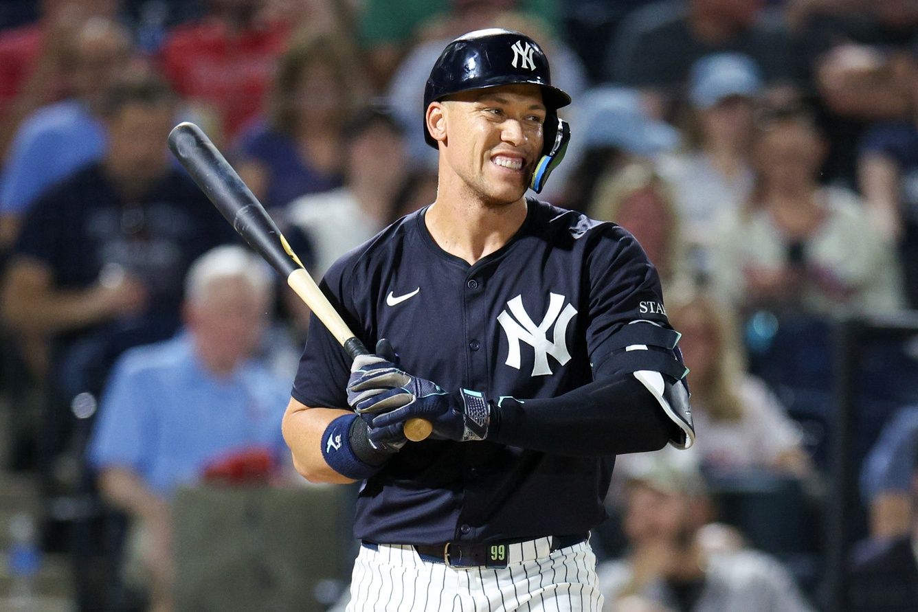 New York Yankees outfielder Aaron Judge (99) reacts to a strike against the Philadelphia Phillies in the sixth inning during spring training at George M. Steinbrenner Field.