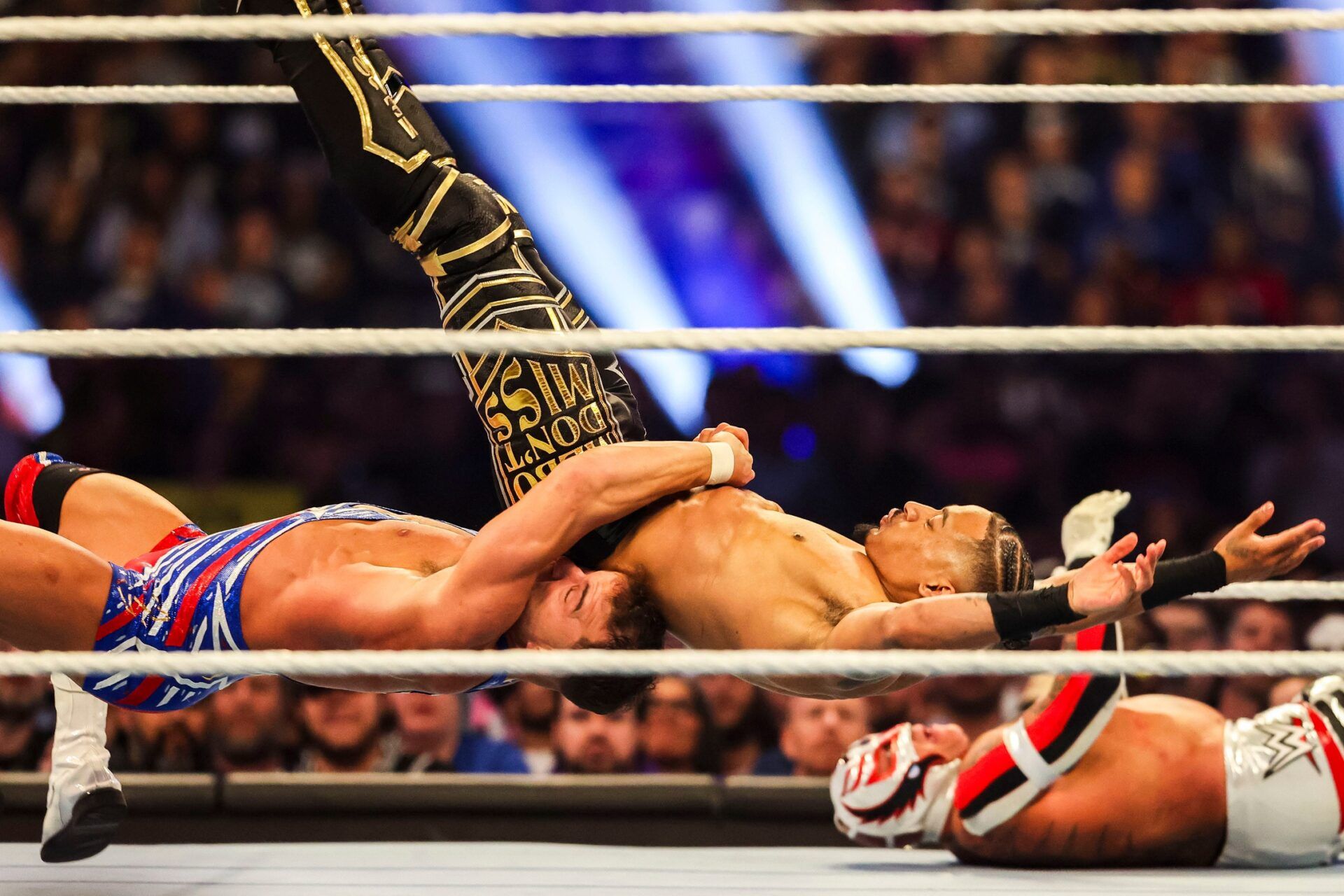 Chad Gable and Carmelo Hayes fall Saturday, Feb. 1, 2025, during the WWE Royal Rumble at Lucas Oil Stadium in Indianapolis.