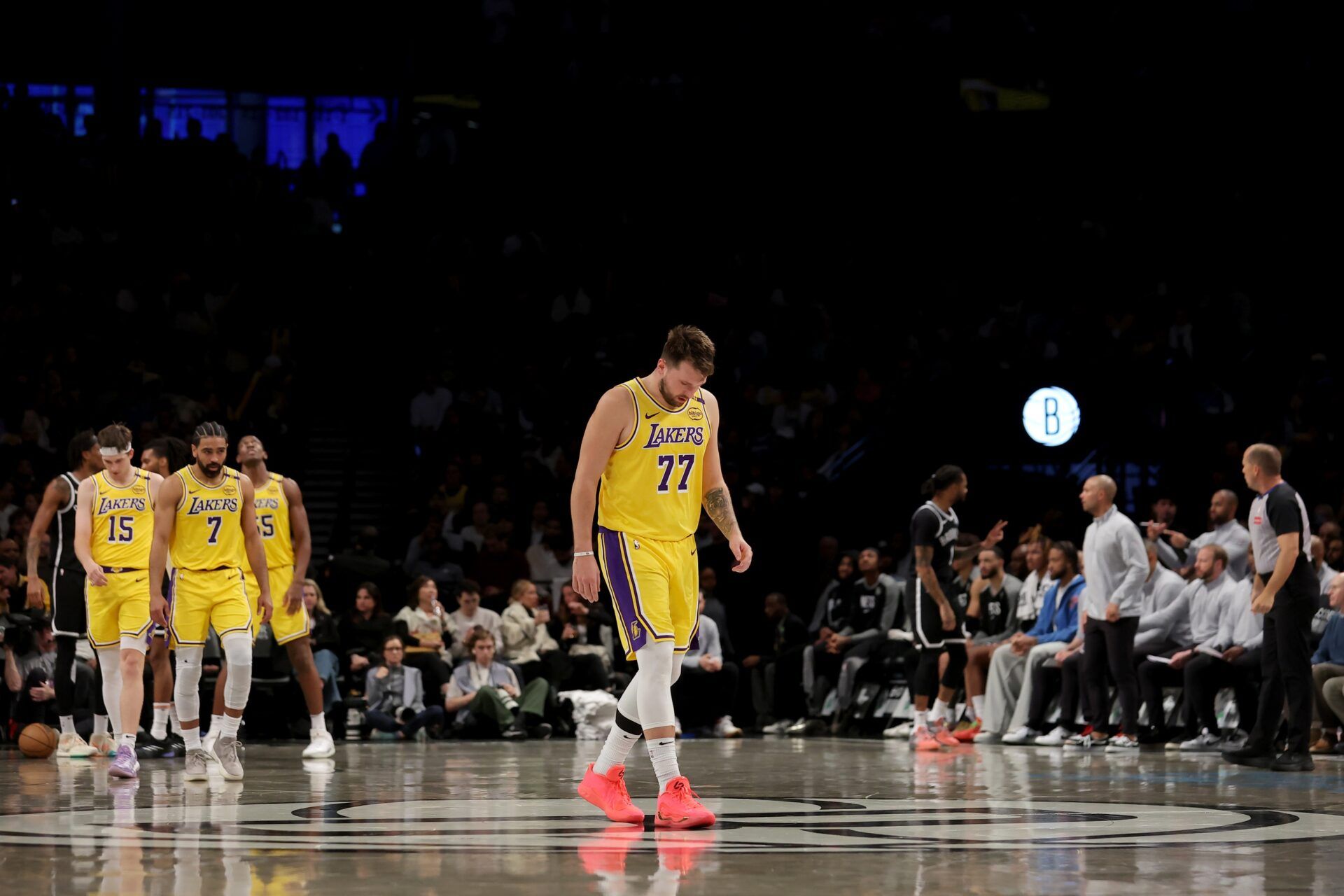 Los Angeles Lakers guard Luka Doncic (77) reacts during the third quarter against the Brooklyn Nets at Barclays Center.