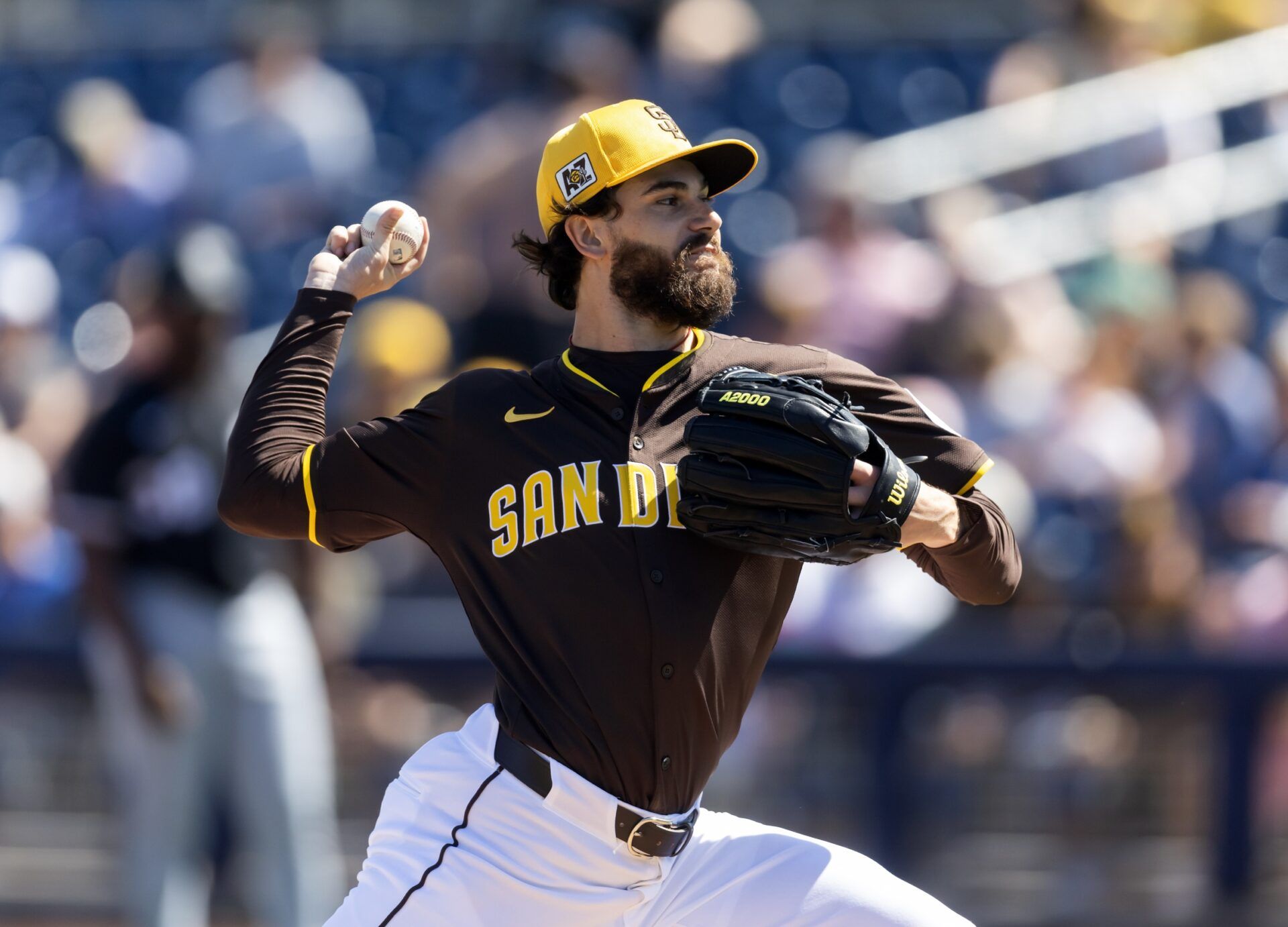 San Diego Padres pitcher Dylan Cease against the Chicago White Sox during a spring training game at Peoria Sports Complex.